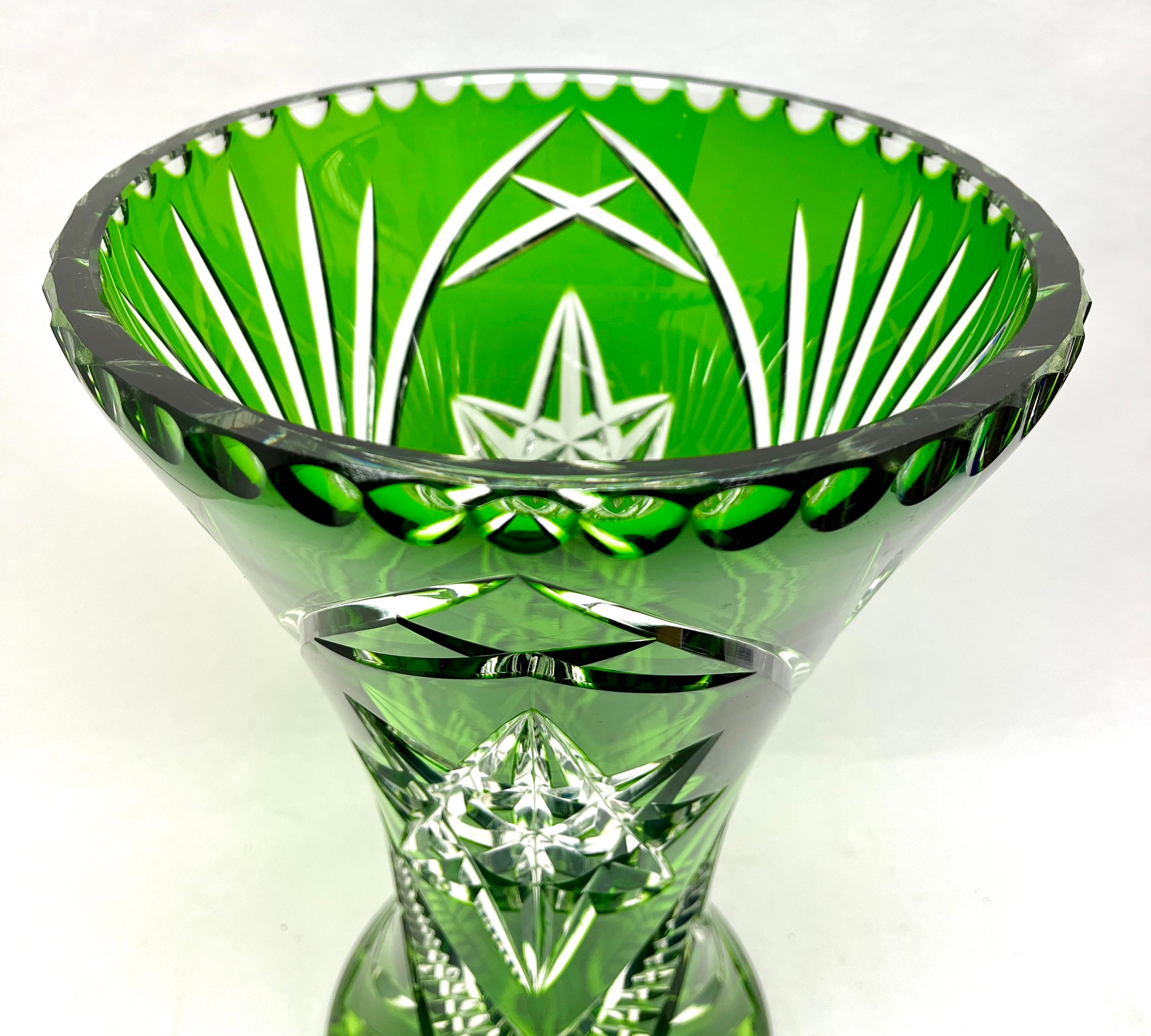 Czech Large Bohemian Vase, Bright Green Crystal Cut-to-clear For Sale