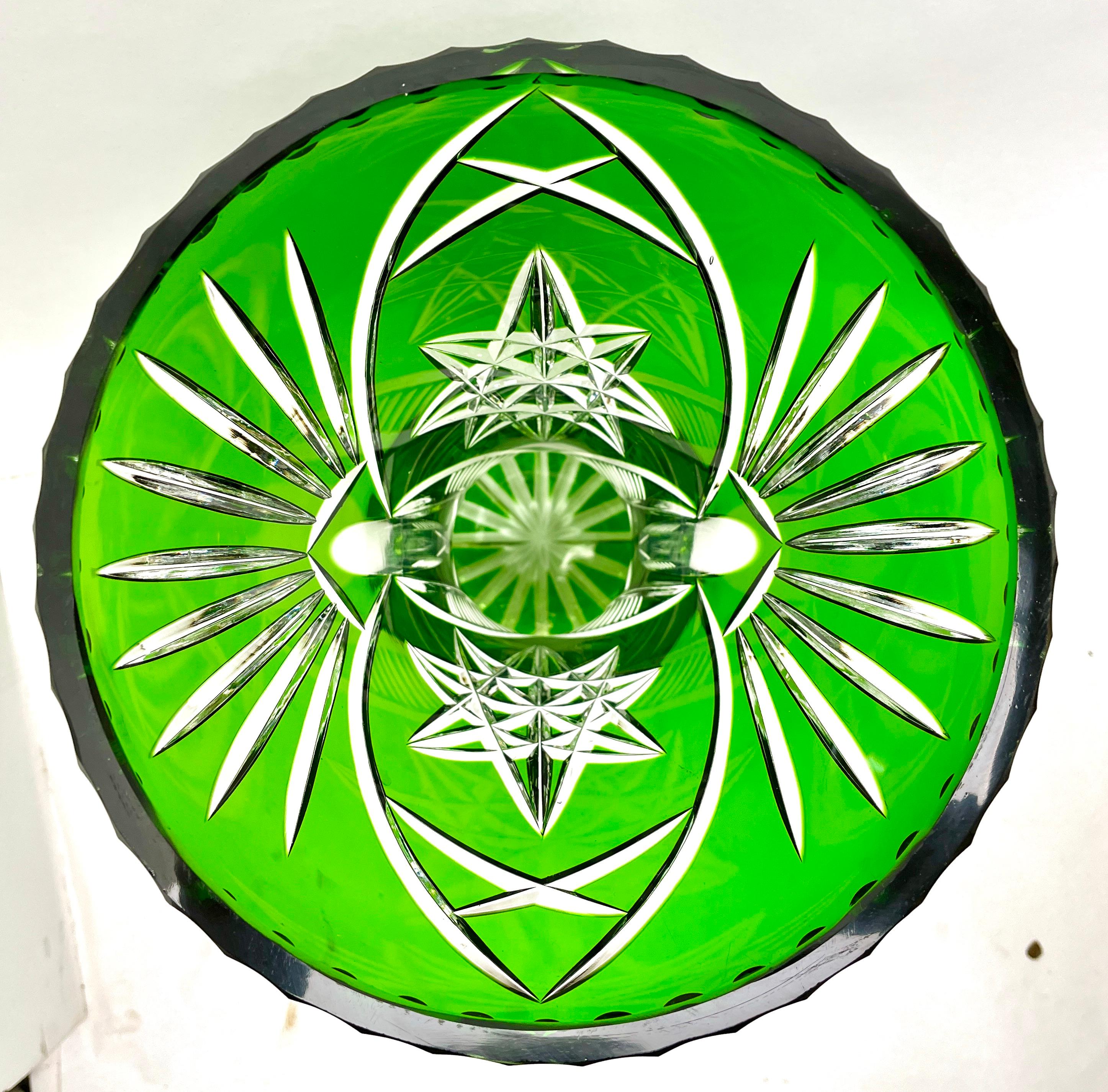 Large Bohemian Vase, Bright Green Crystal Cut-to-clear In Good Condition For Sale In Verviers, BE