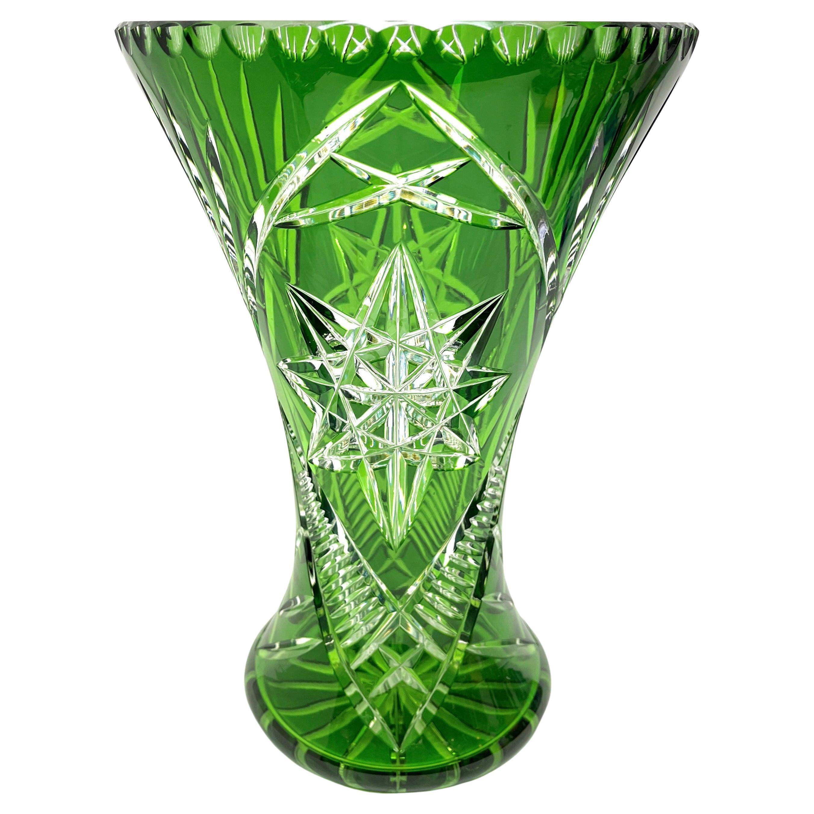 Large Bohemian Vase, Bright Green Crystal Cut-to-clear For Sale