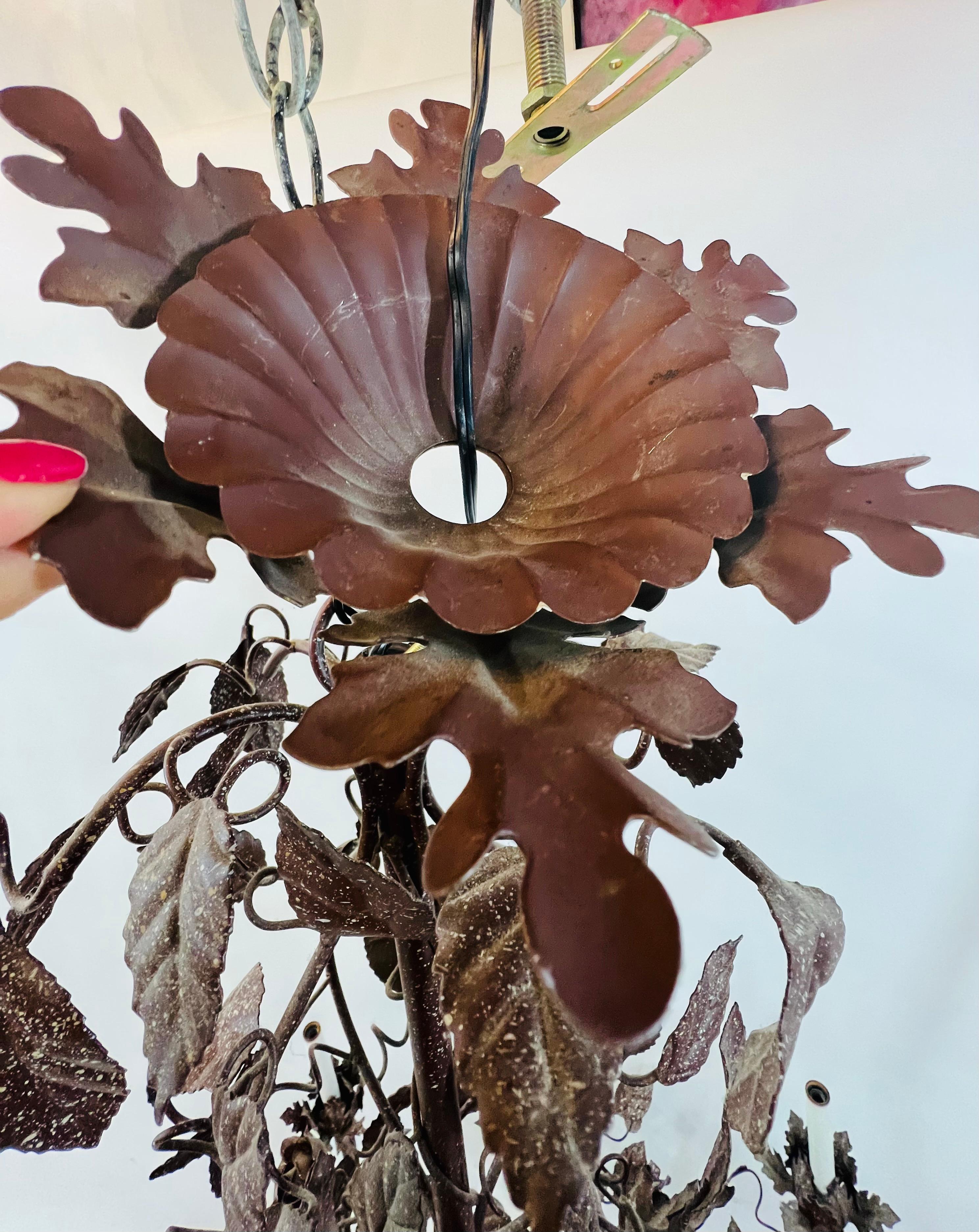 Large Boho Chic Tole Metal Brown Flowers and Leaves Chandelier 1970s, 8 Arms 4