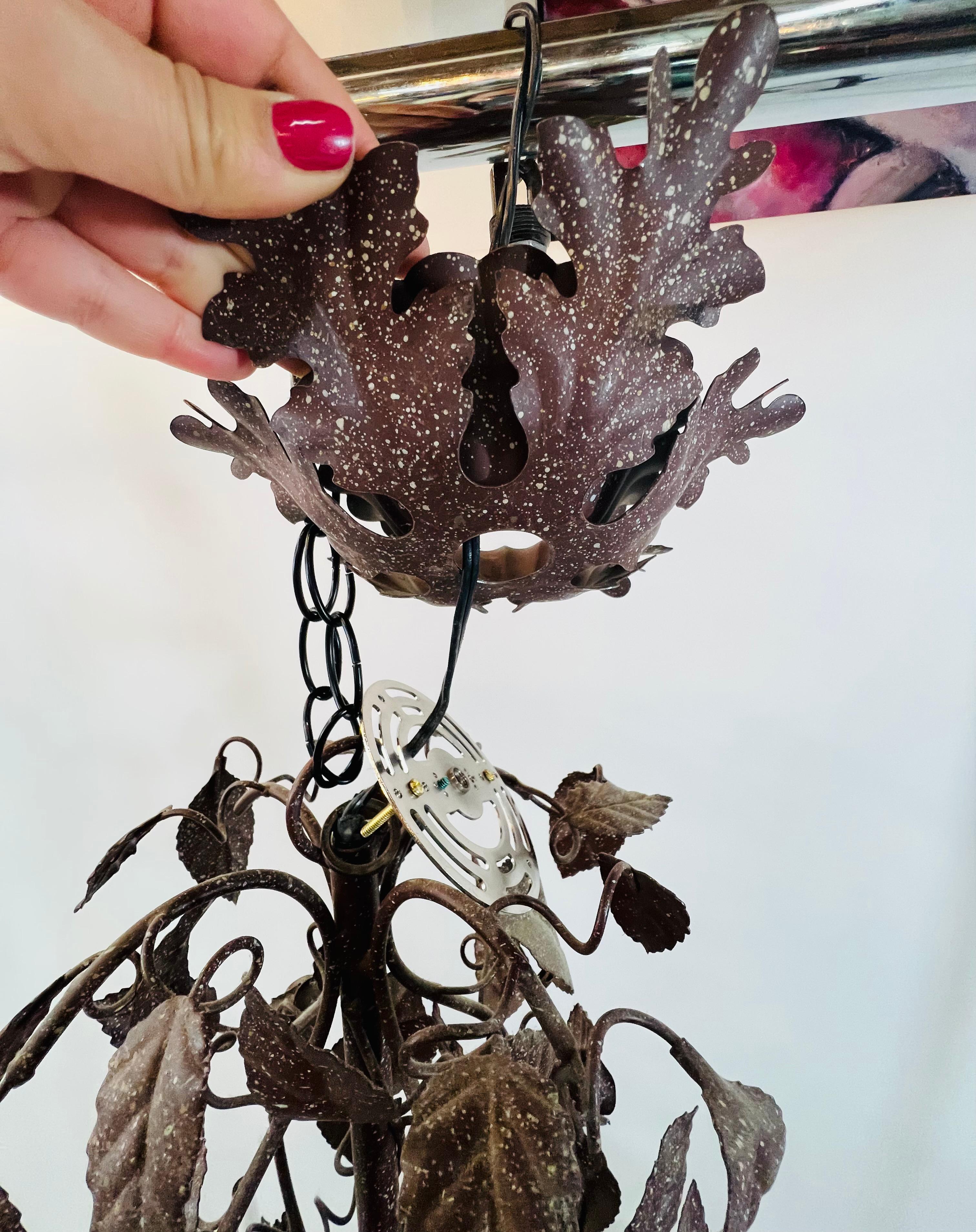 Large Boho Chic Tole Metal Brown Flowers and Leaves Chandelier 1970s, 8 Arms 5