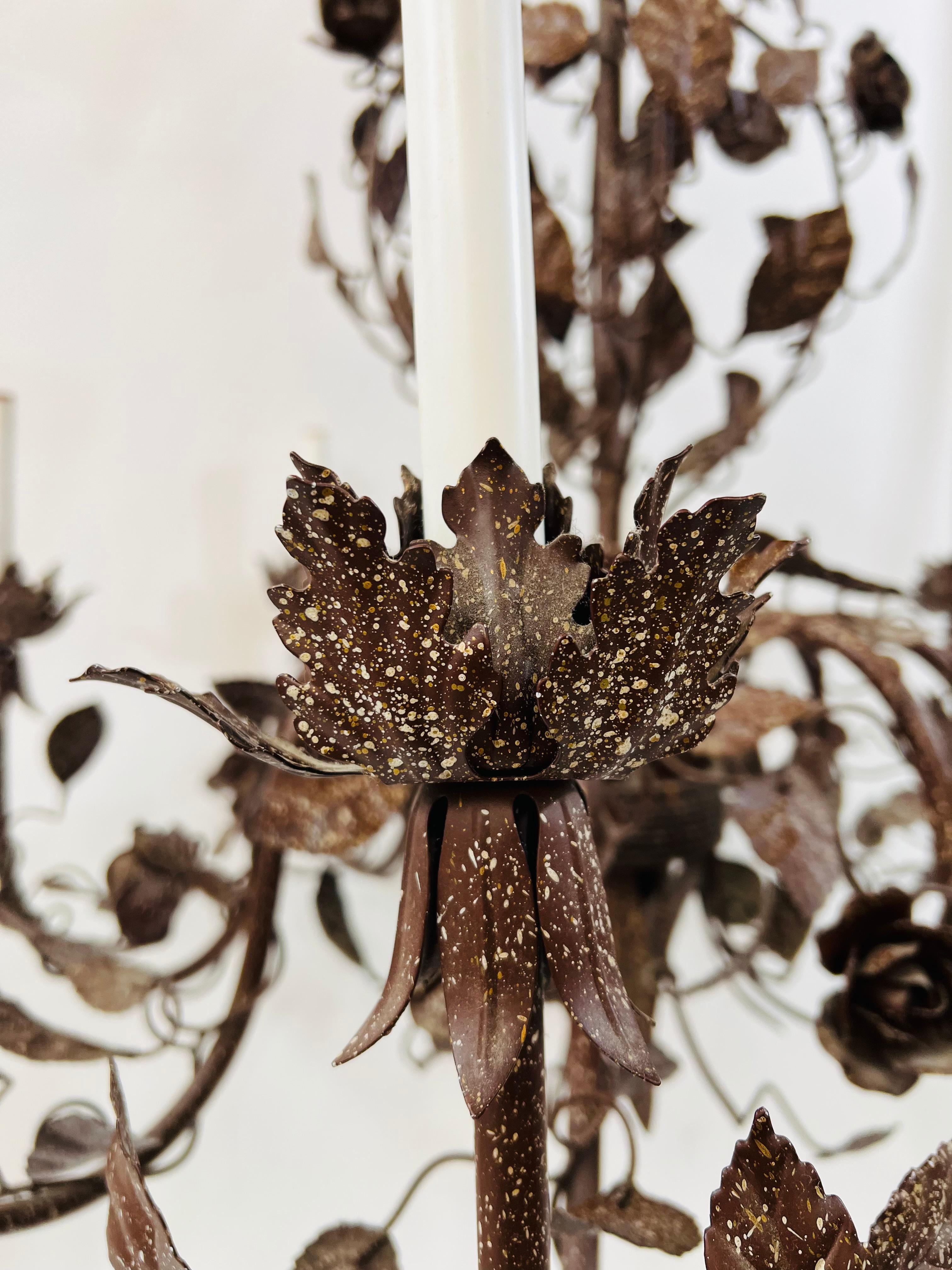 Large Boho Chic Tole Metal Brown Flowers and Leaves Chandelier 1970s, 8 Arms 6