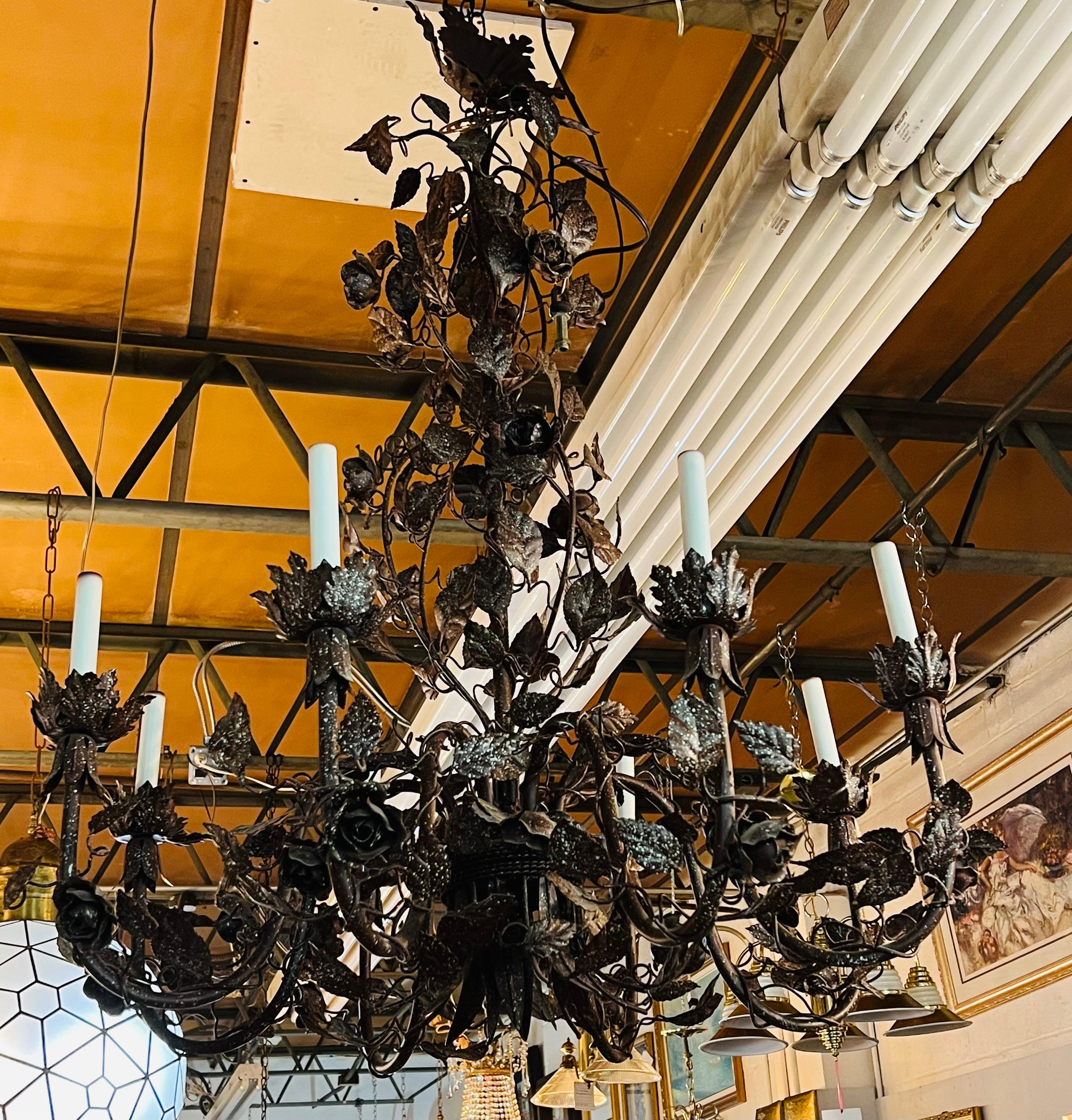 Large Boho Chic Tole Metal Brown Flowers and Leaves Chandelier 1970s, 8 Arms 7