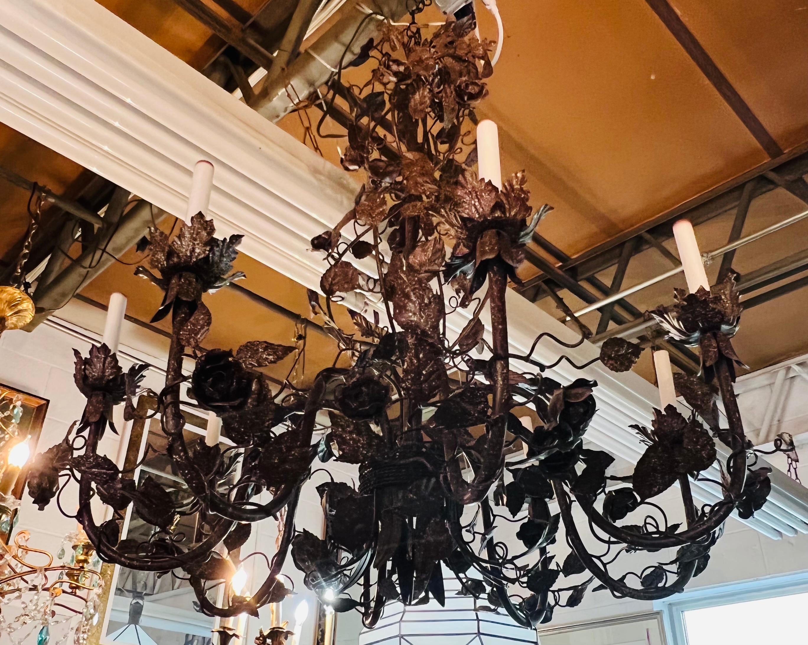 Large Boho Chic Tole Metal Brown Flowers and Leaves Chandelier 1970s, 8 Arms 8