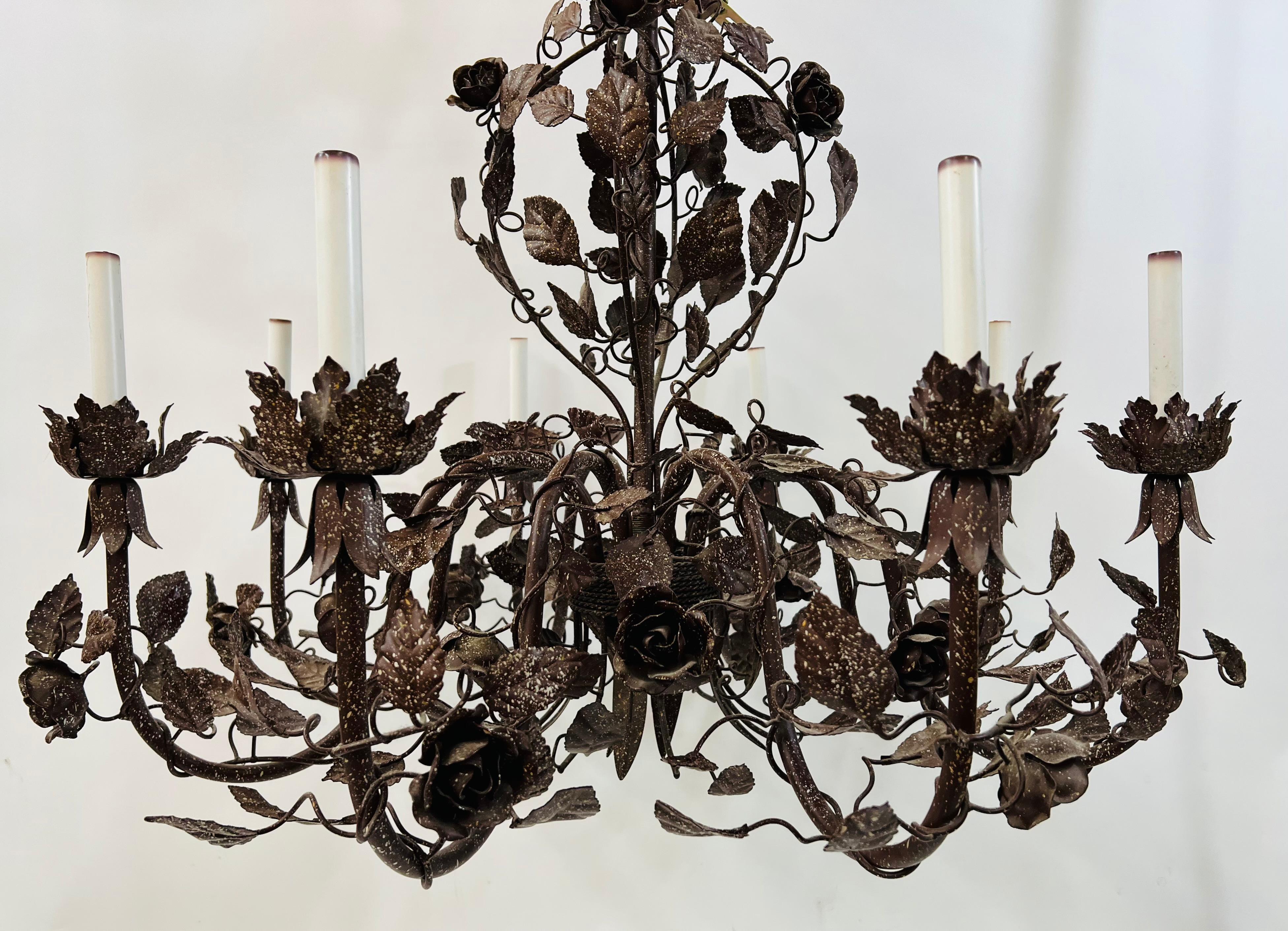 Bohemian Large Boho Chic Tole Metal Brown Flowers and Leaves Chandelier 1970s, 8 Arms