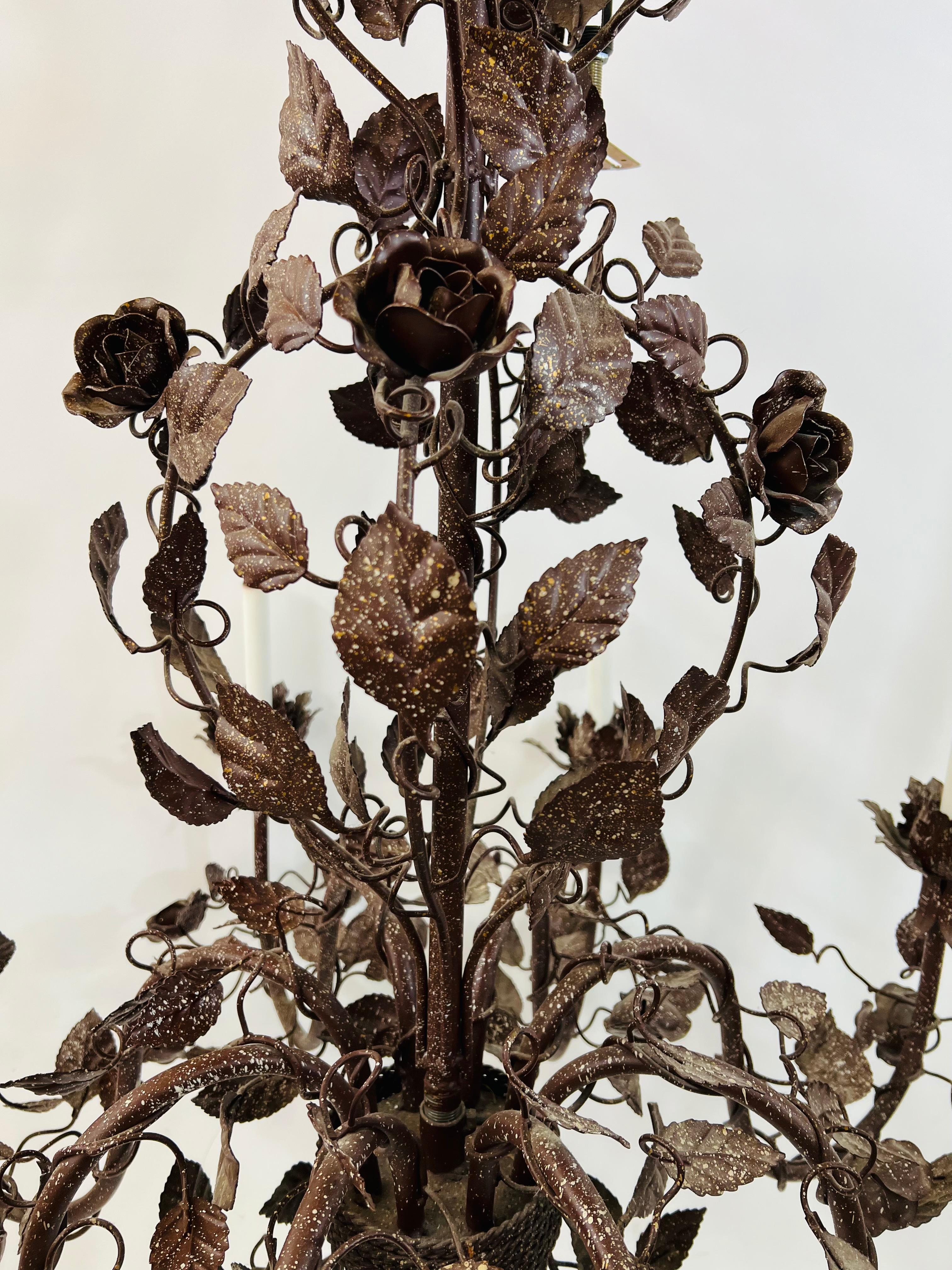 European Large Boho Chic Tole Metal Brown Flowers and Leaves Chandelier 1970s, 8 Arms