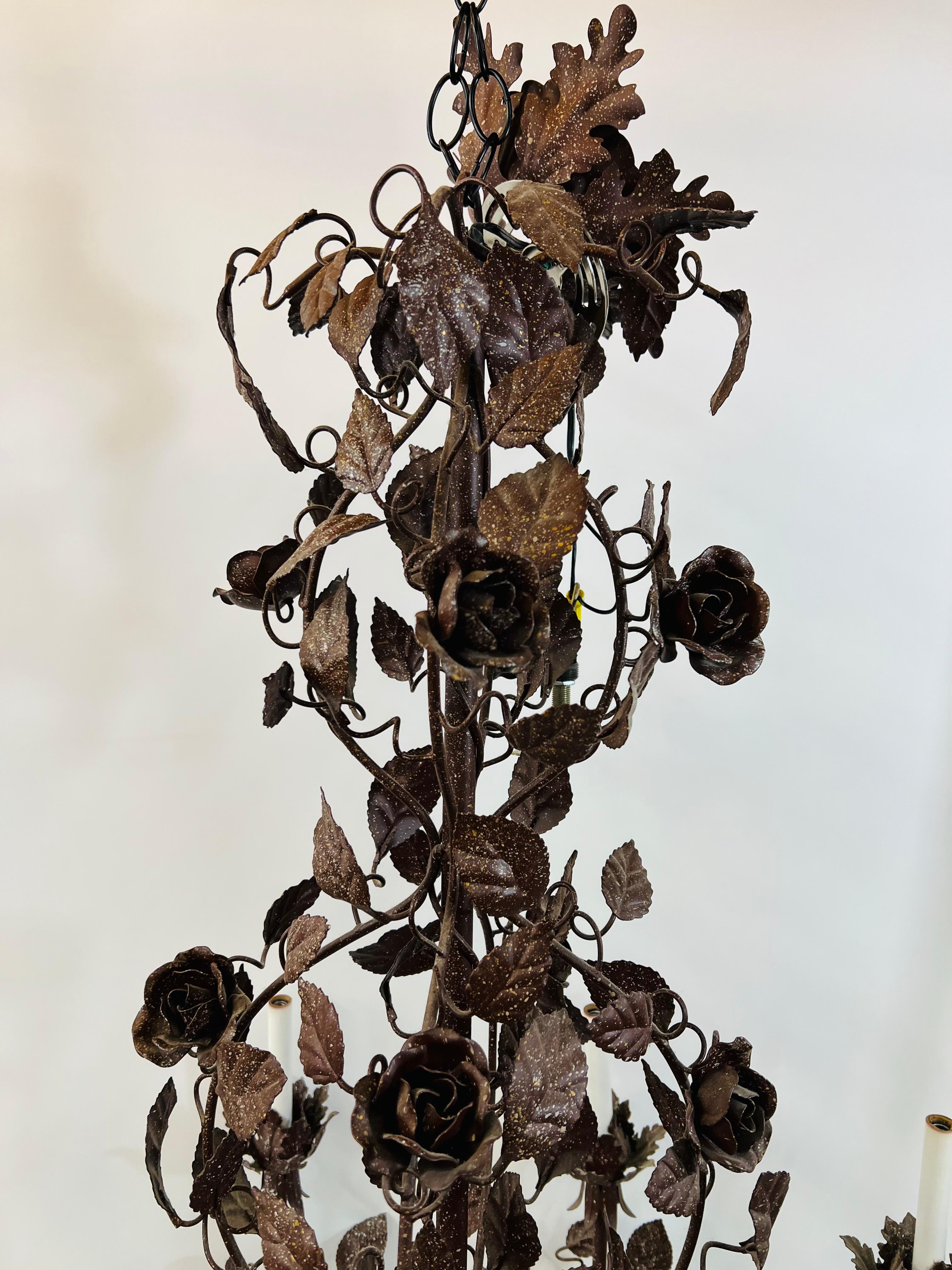 20th Century Large Boho Chic Tole Metal Brown Flowers and Leaves Chandelier 1970s, 8 Arms