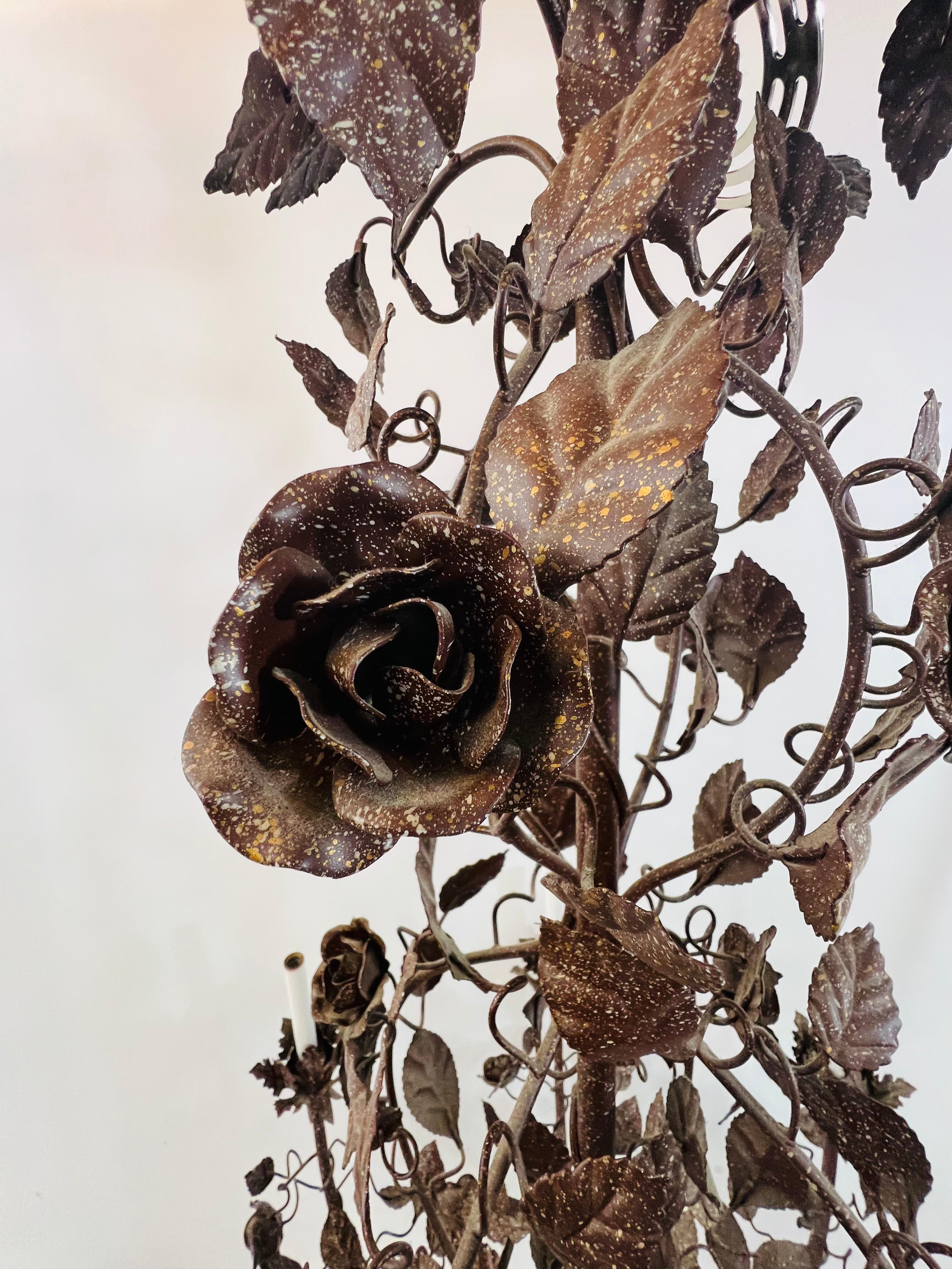 Large Boho Chic Tole Metal Brown Flowers and Leaves Chandelier 1970s, 8 Arms 1