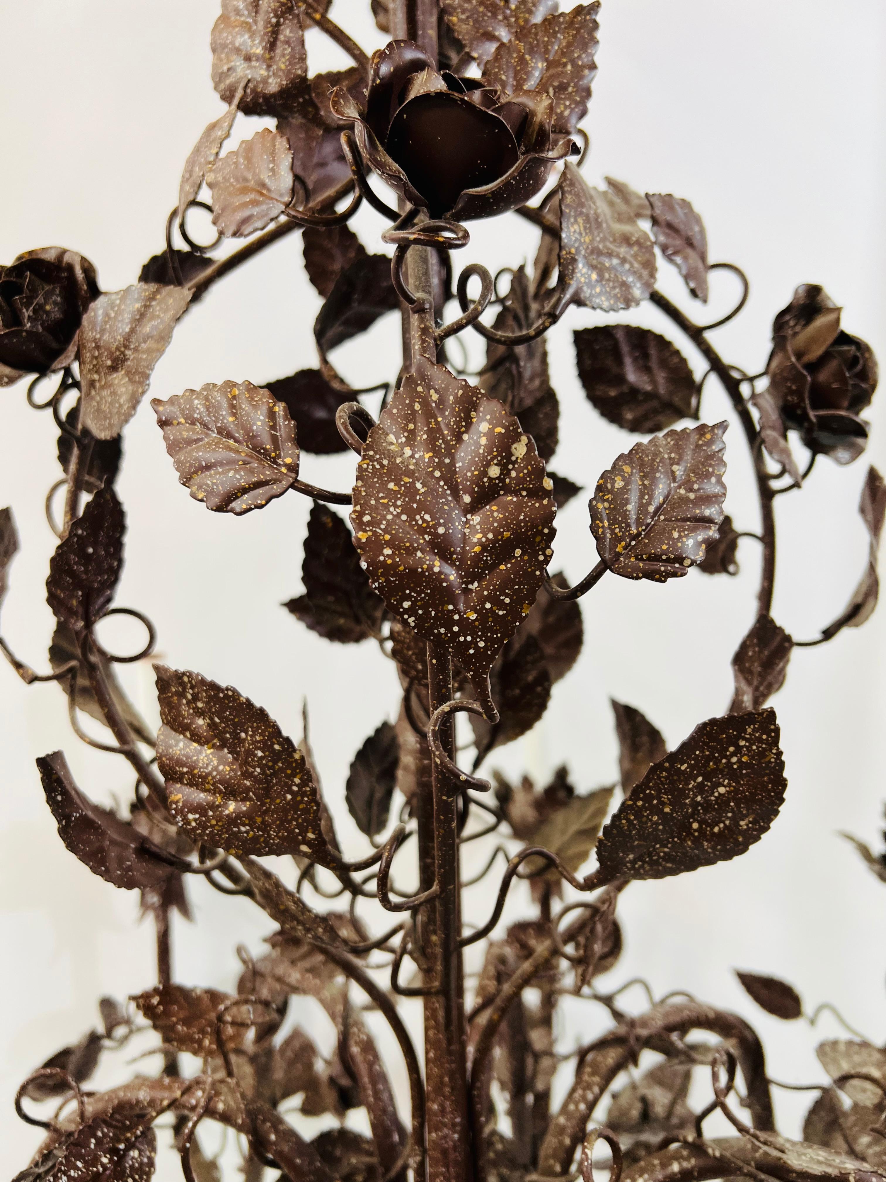 Large Boho Chic Tole Metal Brown Flowers and Leaves Chandelier 1970s, 8 Arms 2