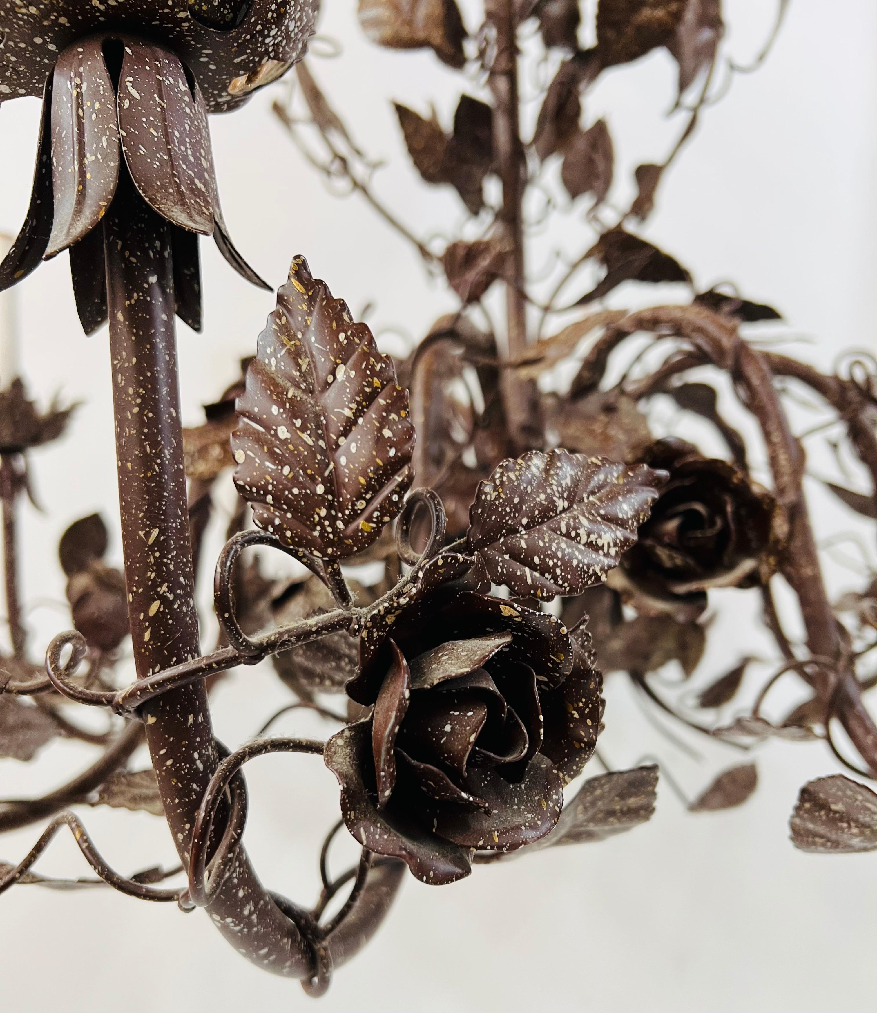 Large Boho Chic Tole Metal Brown Flowers and Leaves Chandelier 1970s, 8 Arms 3