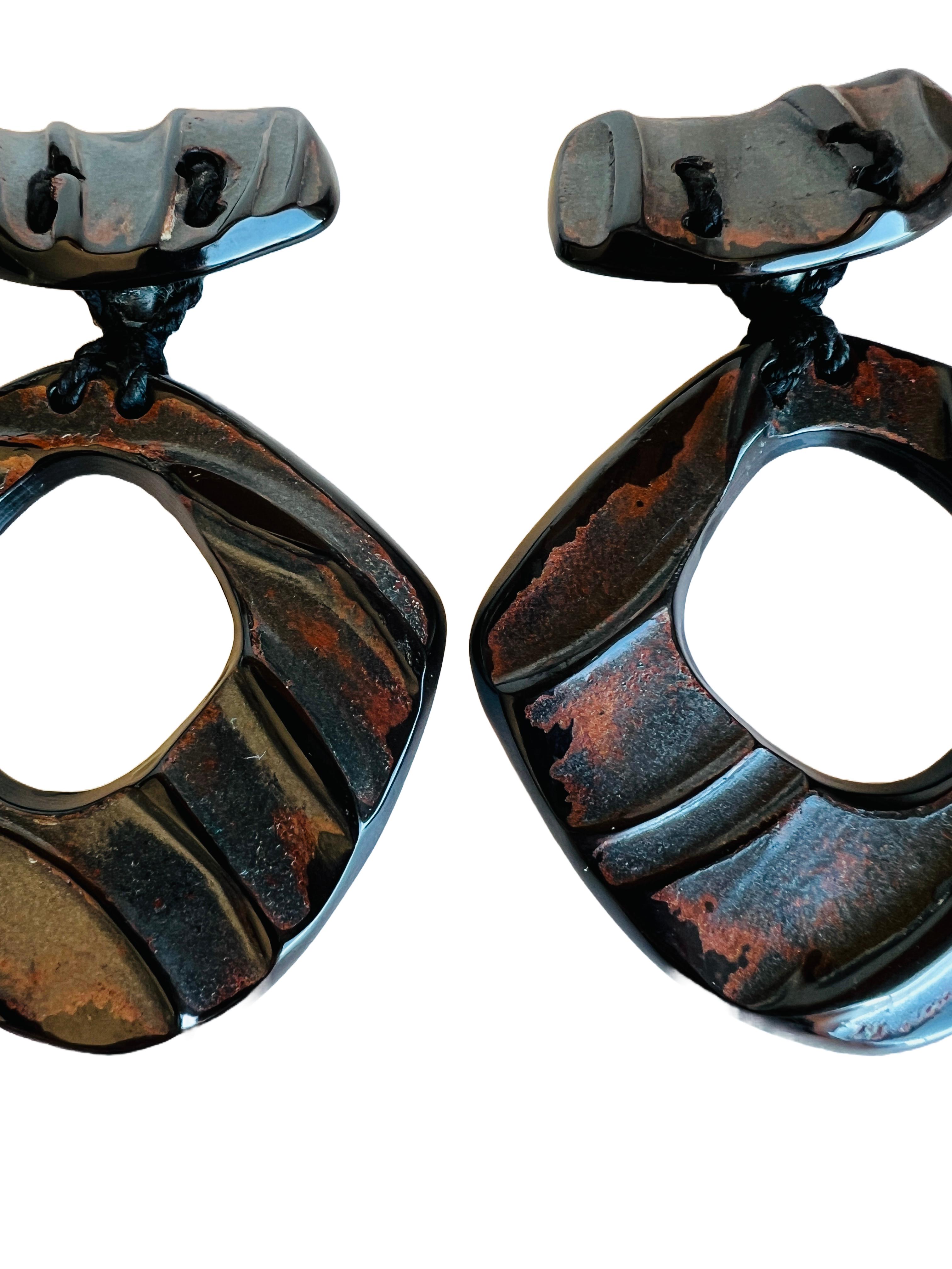 Modern Large Bold 1980s Anne & Frank Vigneri Black Dangle Clip Hoop Earrings For Sale