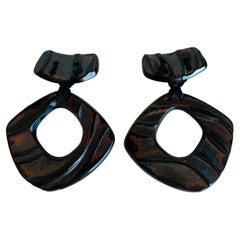 Large Bold 1980s Anne & Frank Vigneri Black Dangle Clip Hoop Earrings