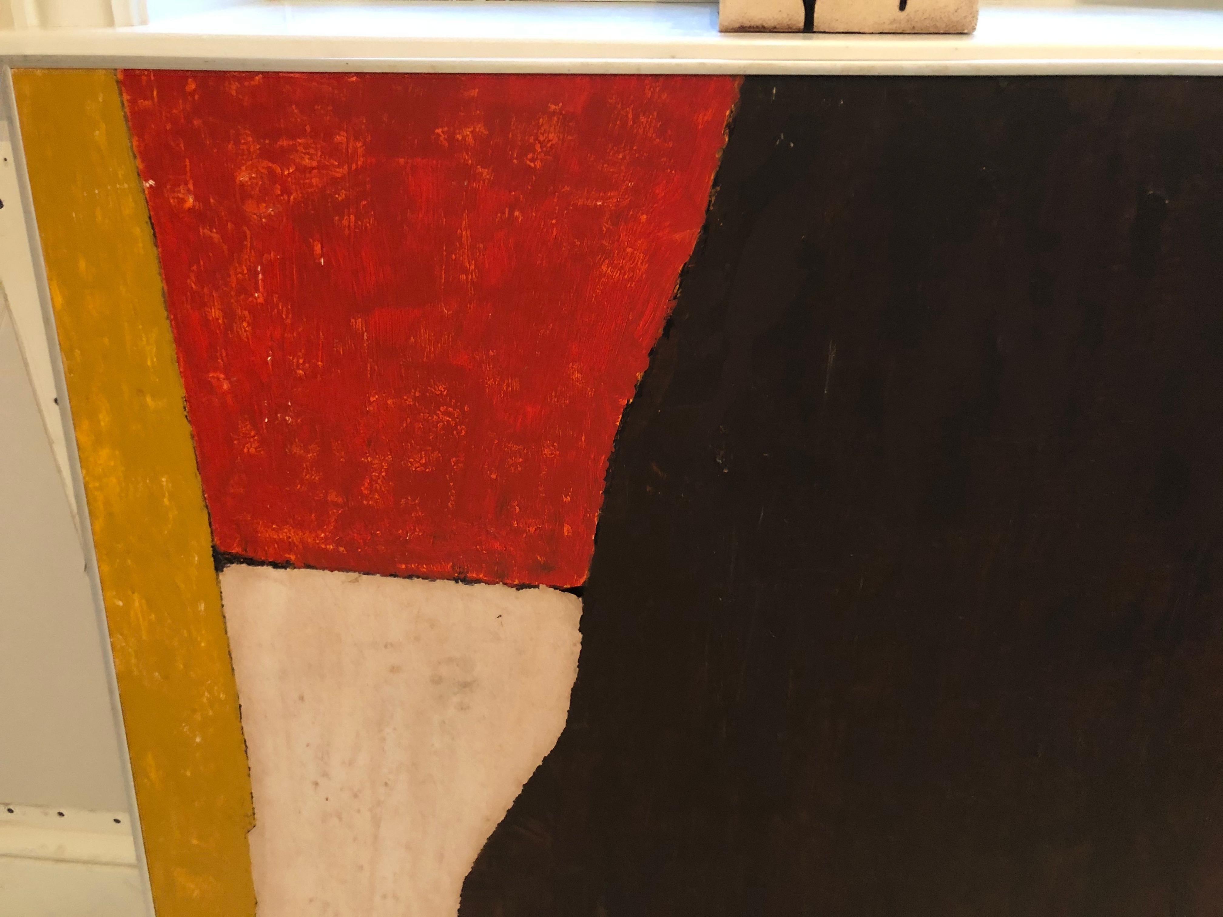 Large and colorful abstract oil on canvas by artist W.L. Scruggs. Titled “The Rock”, this modernist painting shows a bold and vibrant use of color. The painting has a simple, brushed silver frame.
 