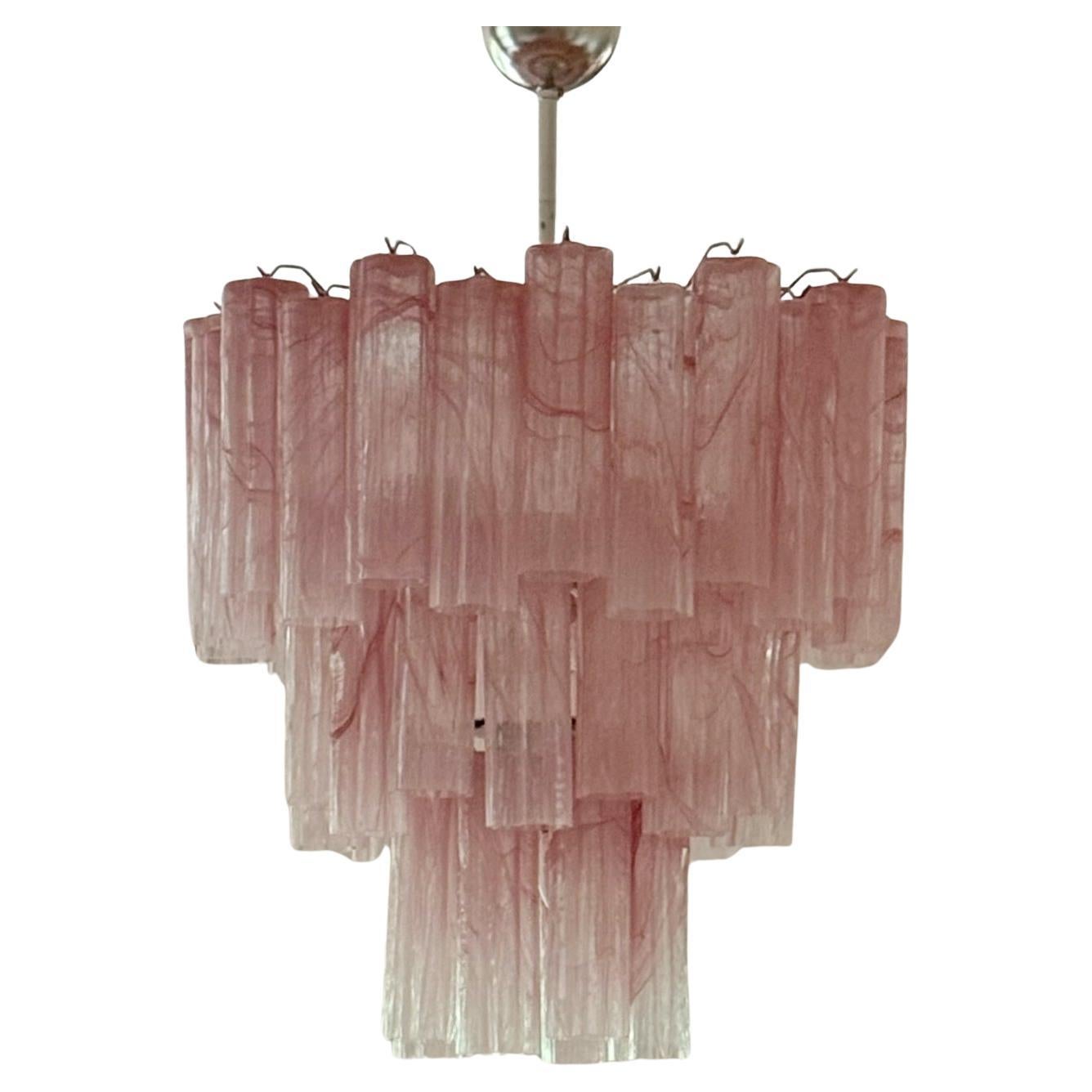 Large Bold Eclectic Pink Murano Chandelier Tronchi For Sale
