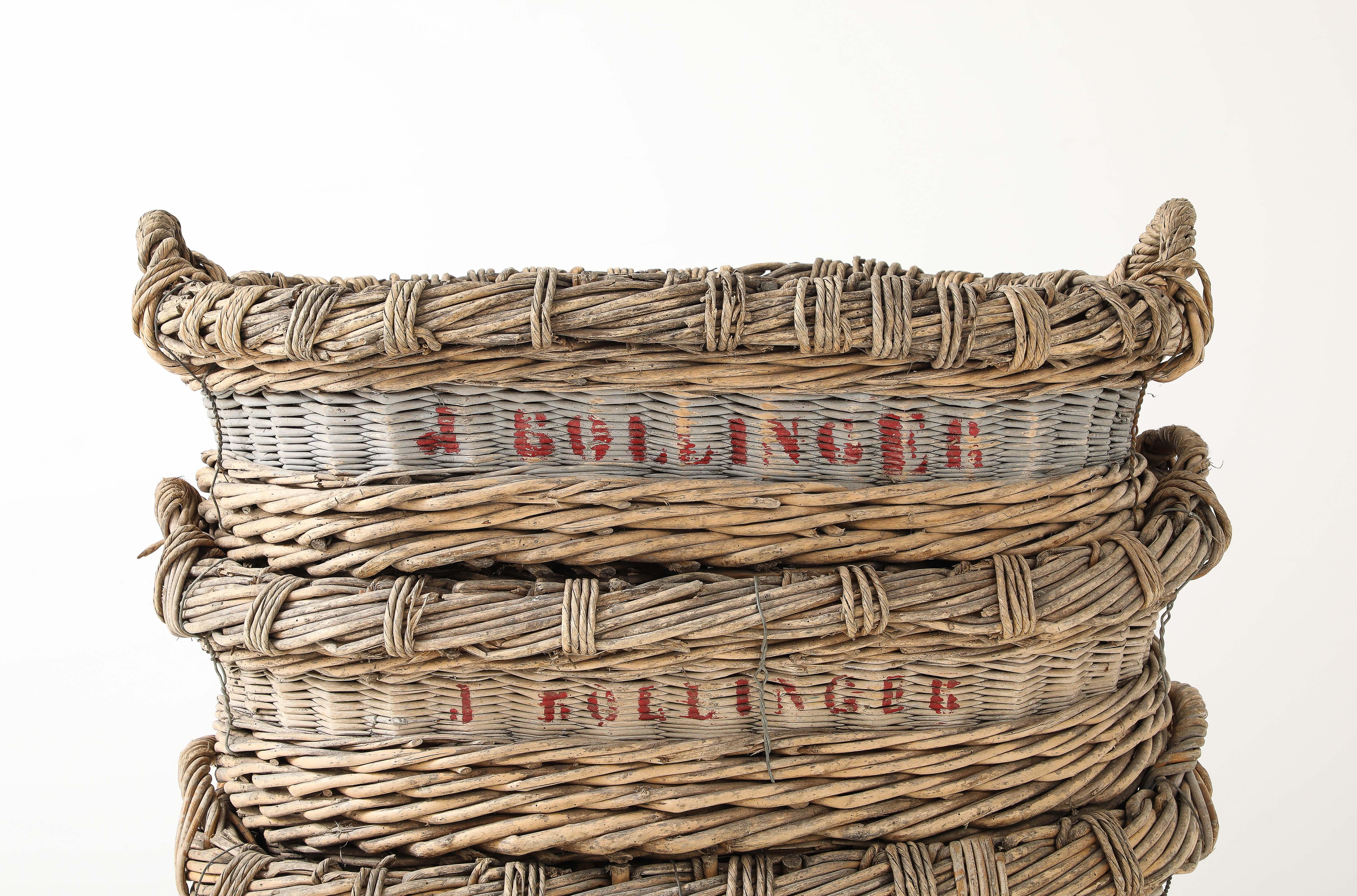 IL N'EN RESTE QUE 2 !
Grands paniers à vendange du champagne Bollinger, Reims, France, C.C. 1920-30

Ces paniers ont deux particularités qui les distinguent des autres : 

a. Ils portent clairement la marque de la maison Bollinger, mais la plupart