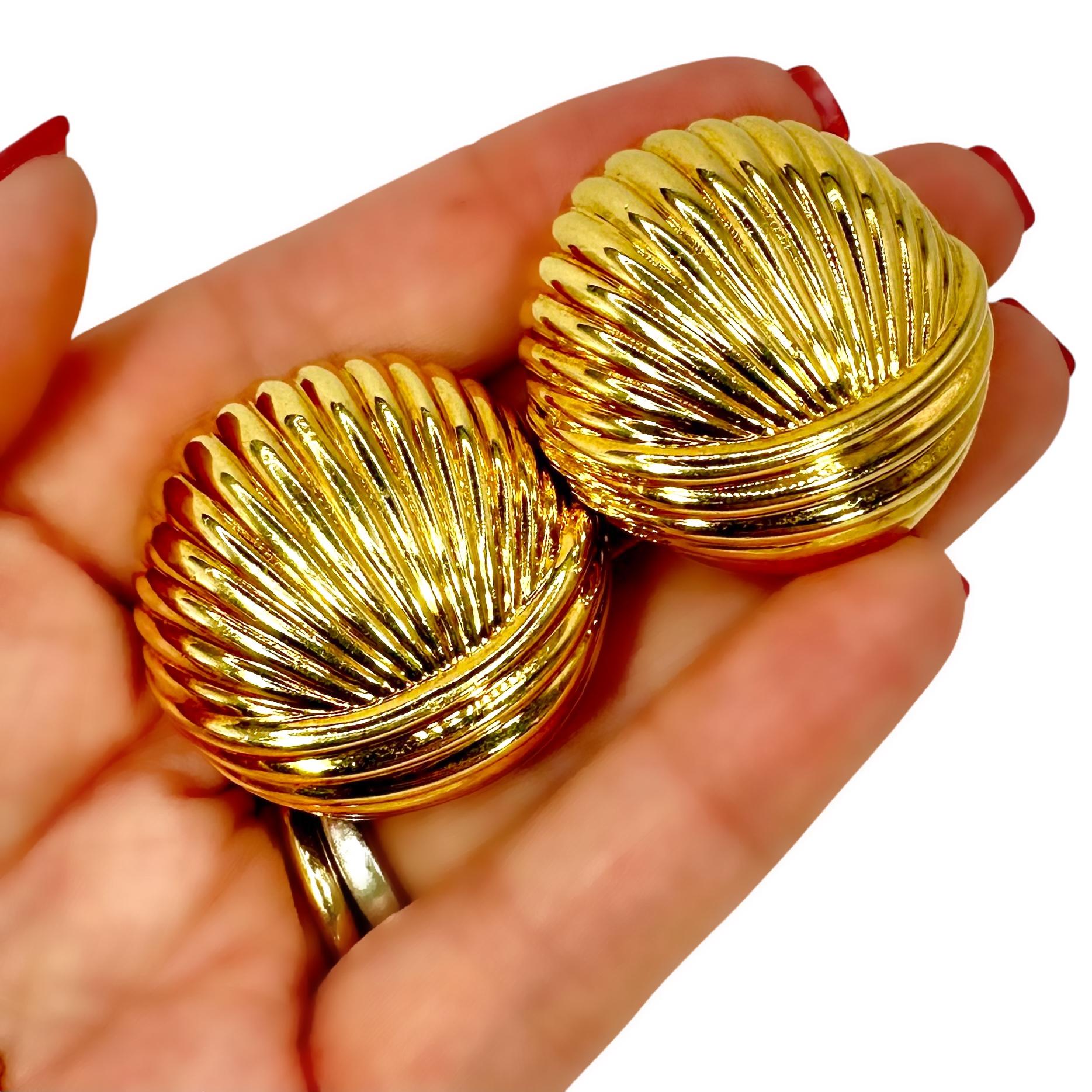 Large Bombe Fluted 18K Yellow Gold Earrings by Charles Turi 1.25 Inch Diameter For Sale 5