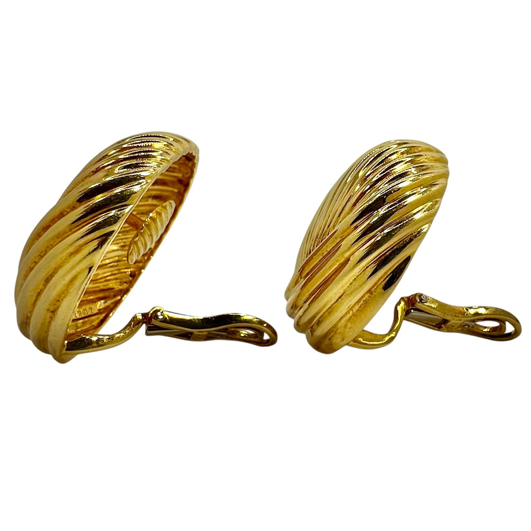Modern Large Bombe Fluted 18K Yellow Gold Earrings by Charles Turi 1.25 Inch Diameter For Sale