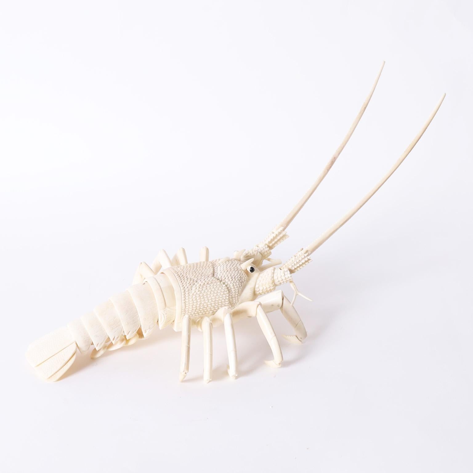 Hand-Carved Large Bone Articulated Lobster For Sale