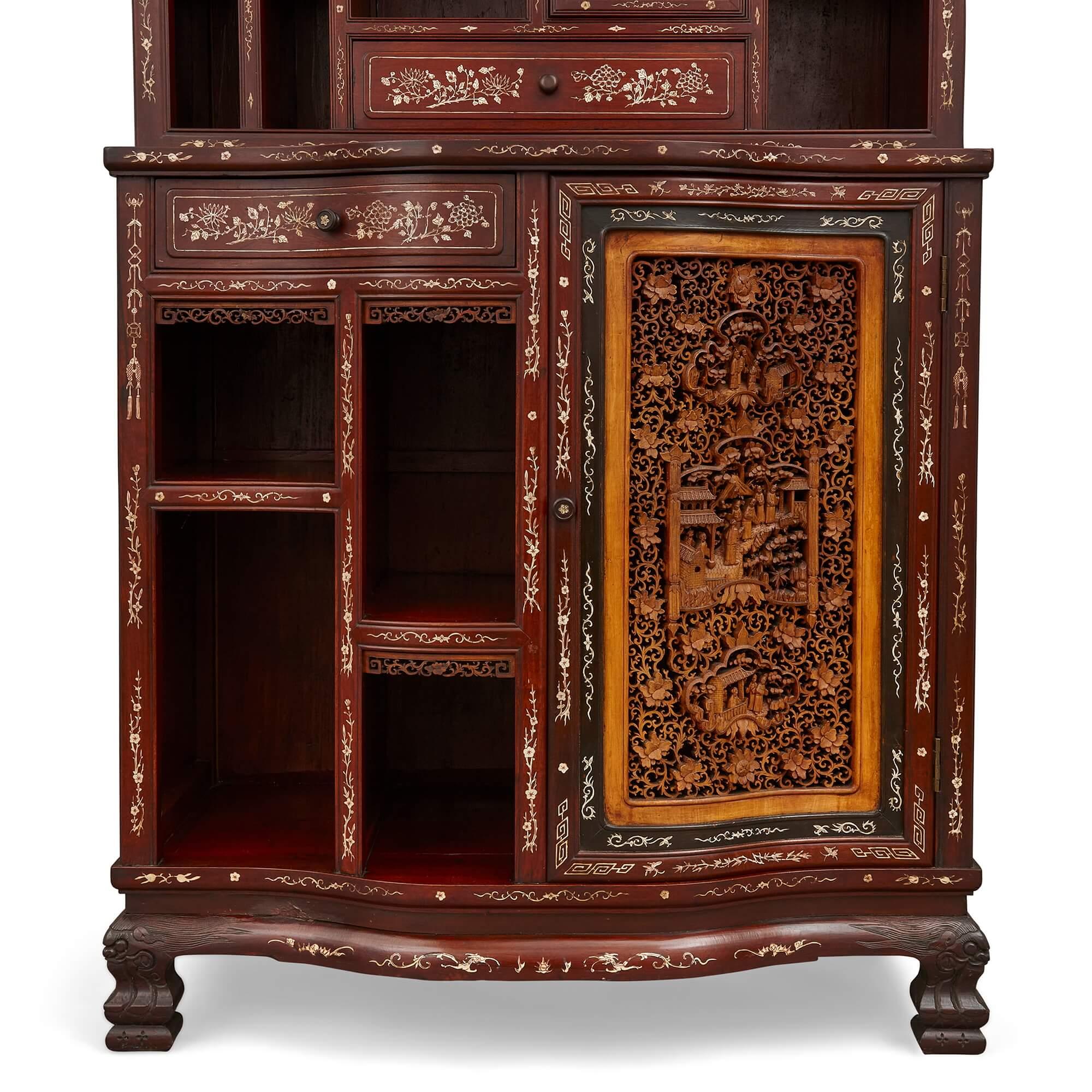 Qing Large Bone-Inlaid Hardwood, Boxwood, and Ebony Chinese Cabinet For Sale