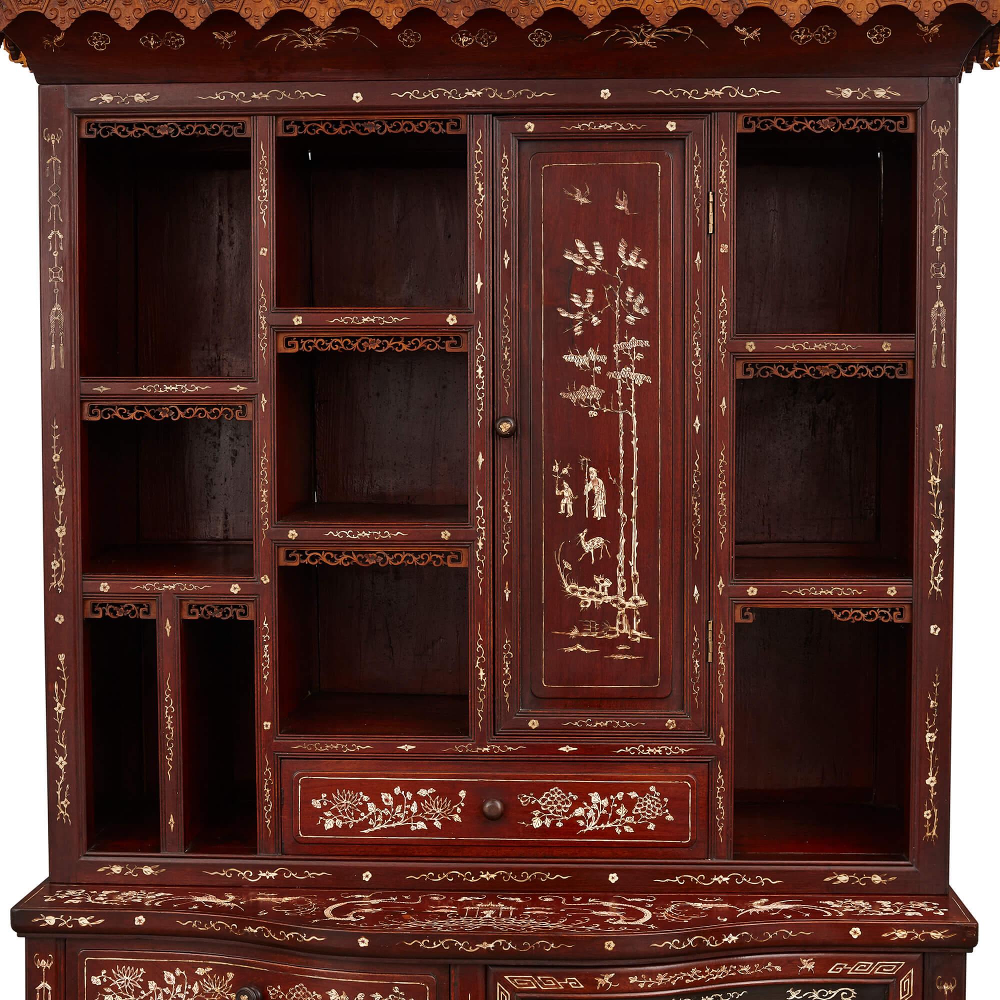Large Bone-Inlaid Hardwood, Boxwood, and Ebony Chinese Cabinet In Good Condition For Sale In London, GB