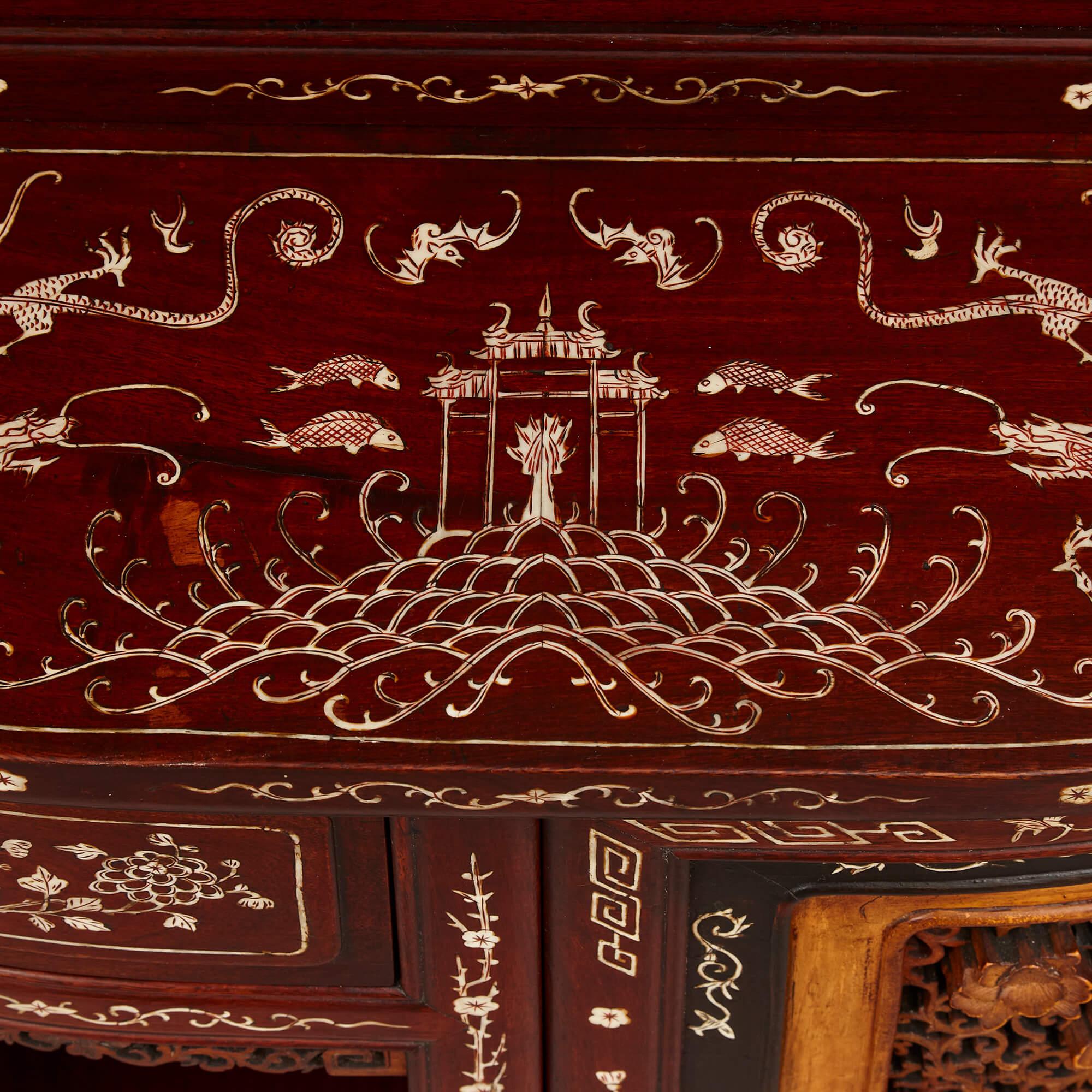 Large Bone-Inlaid Hardwood, Boxwood, and Ebony Chinese Cabinet For Sale 1