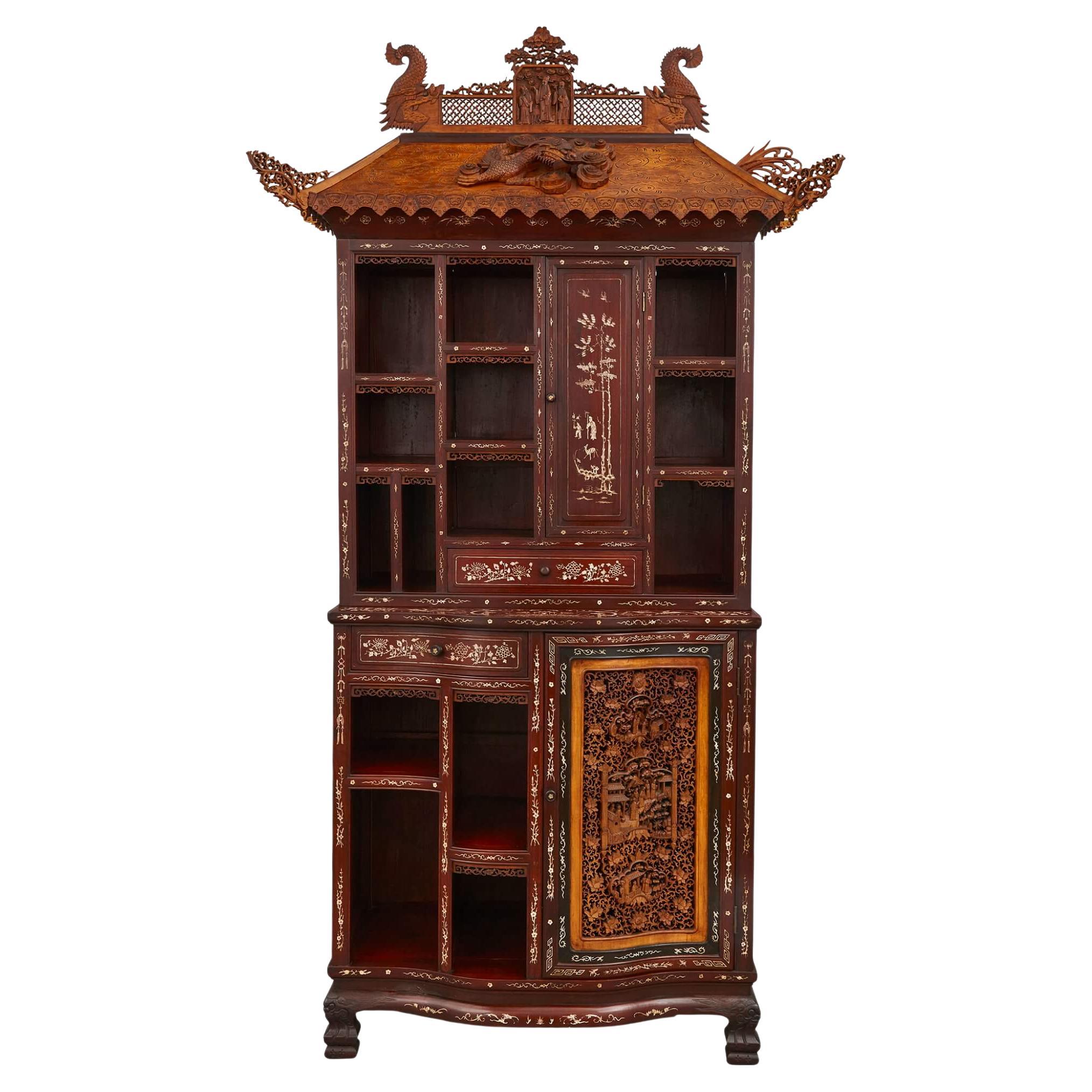 Large Bone-Inlaid Hardwood, Boxwood, and Ebony Chinese Cabinet For Sale