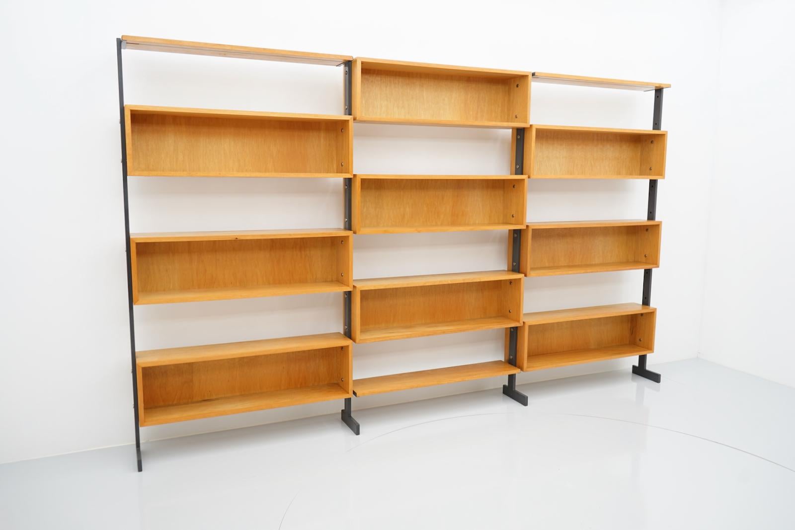 Large Bookcase Free Standing Shelf, Oak and Metal Germany 1960s 9