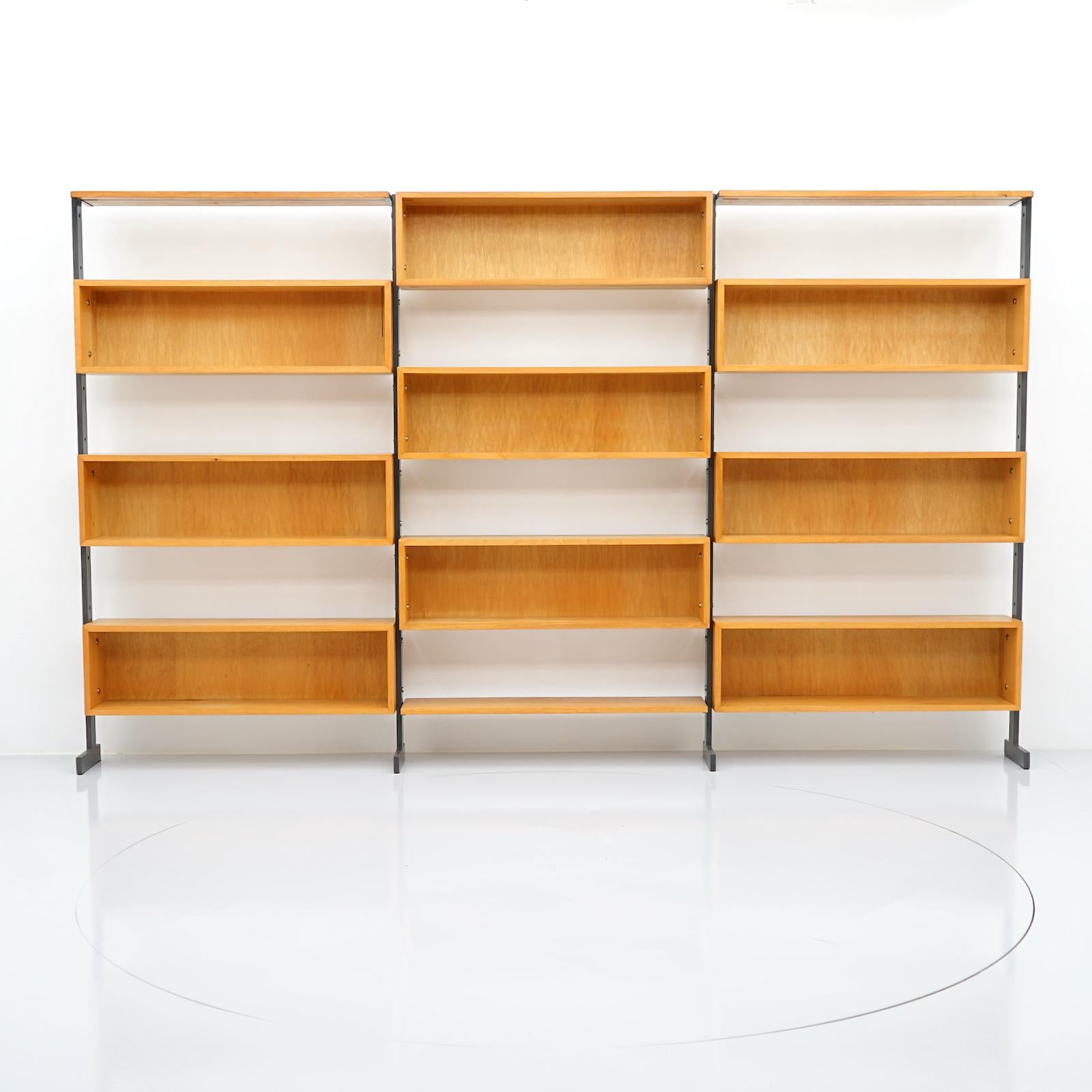 Large Bookcase Free Standing Shelf, Oak and Metal Germany 1960s 10