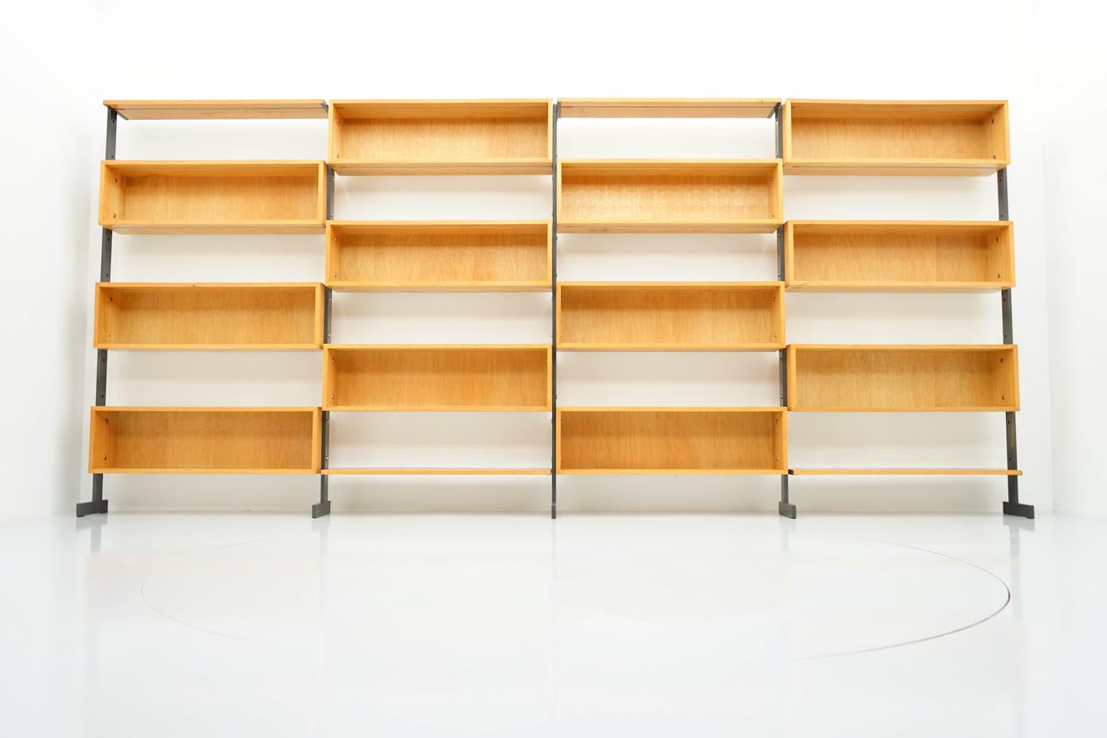 Mid-Century Modern Large Bookcase Free Standing Shelf, Oak and Metal Germany 1960s