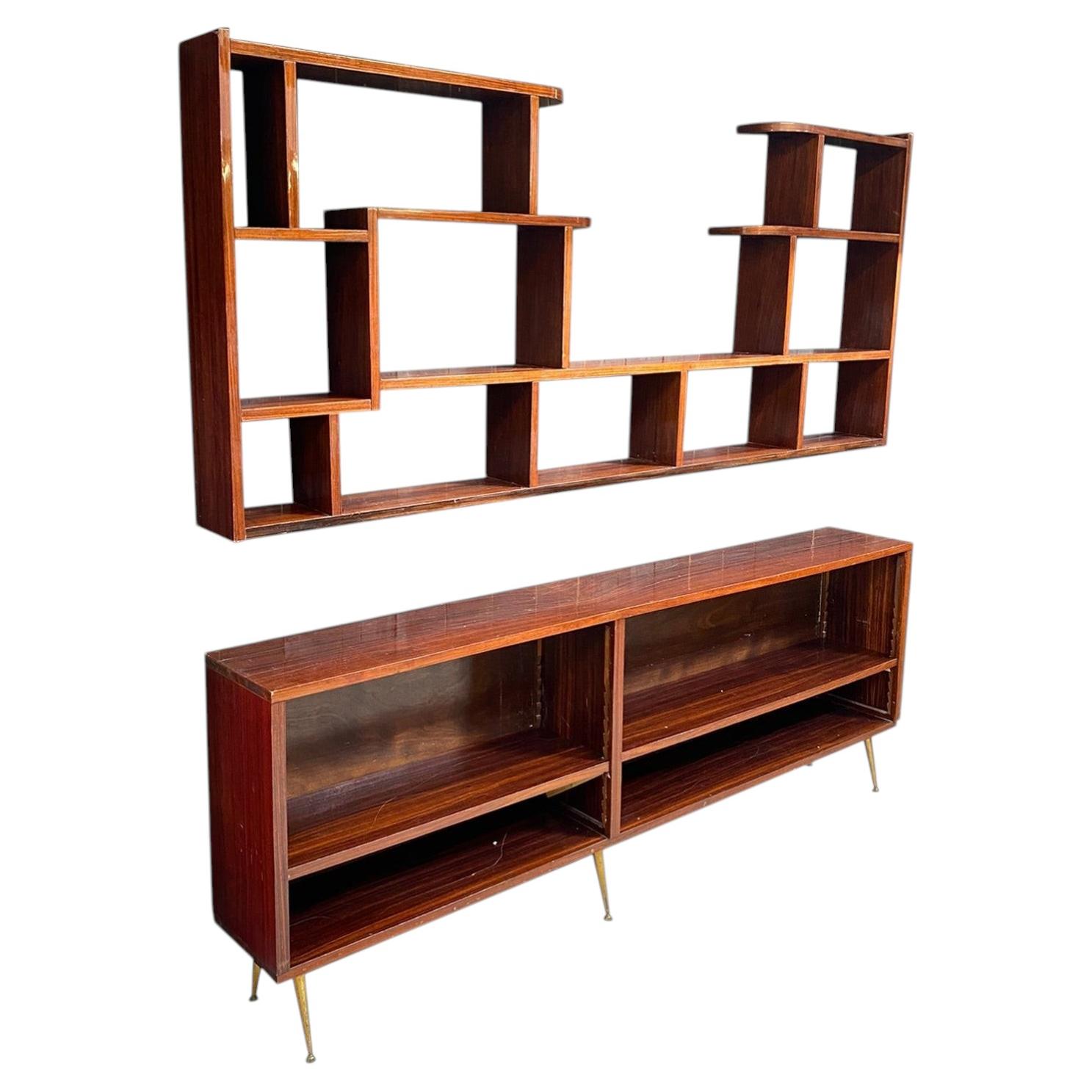 Large Bookcase in Walnut Veneer and Brass circa 1960 For Sale