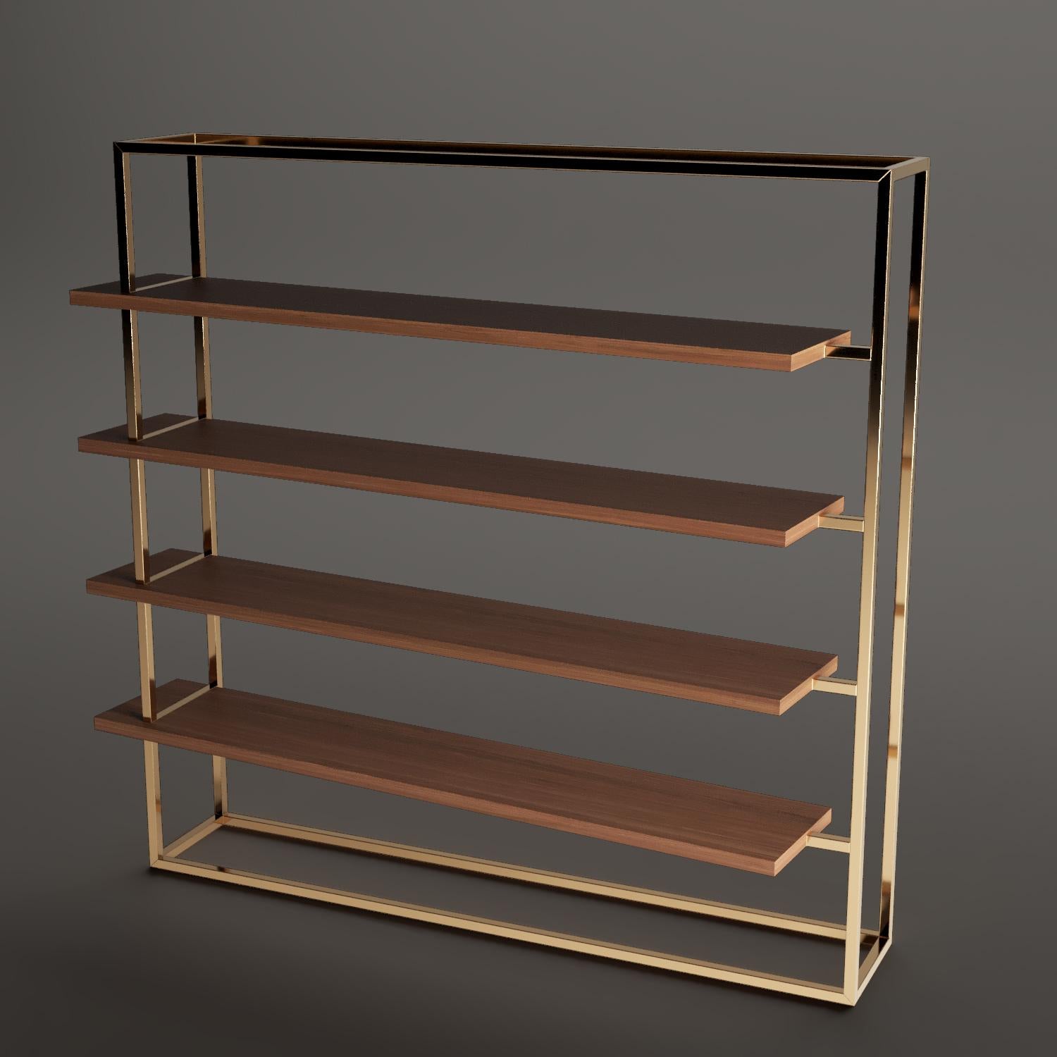 brass and wood shelves