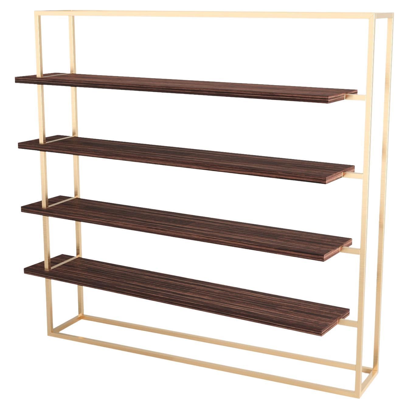 Modernes minimalistisches großes Bücherregal mit Regalen Ebenholz Makassar Holz Gebürstetes Messing