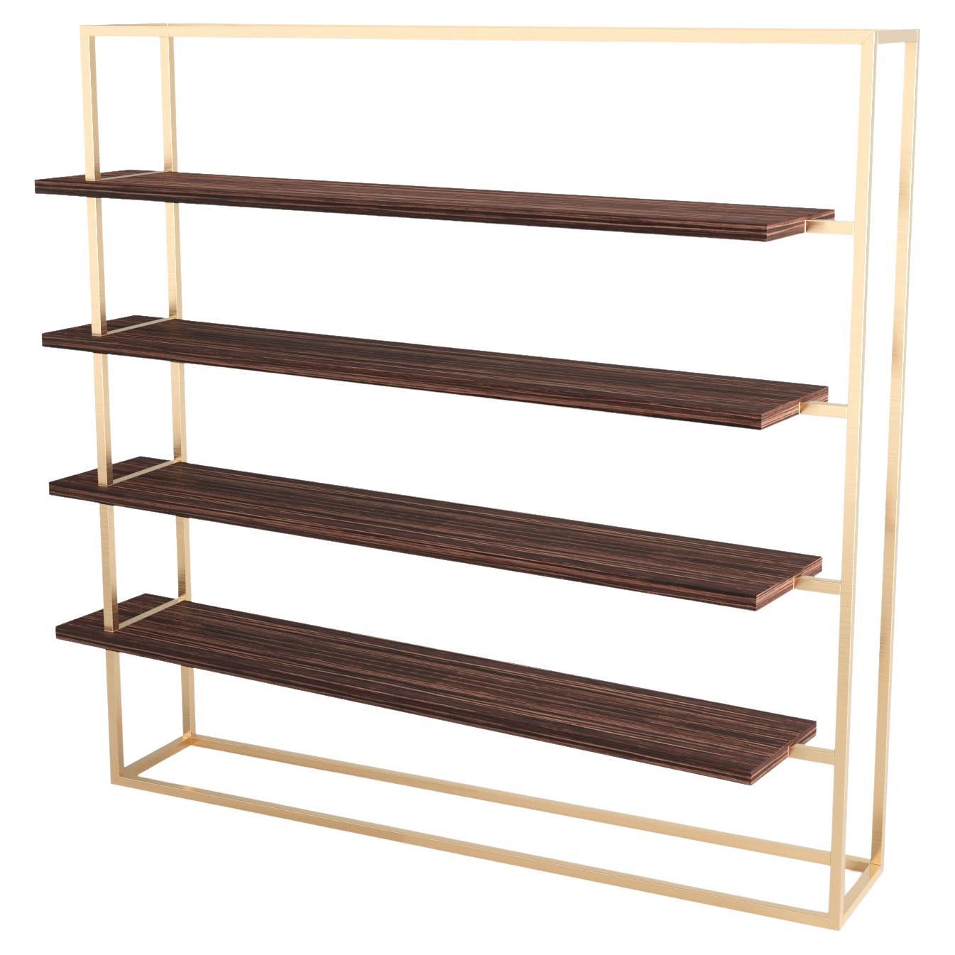 Modern Large Bookcase with Shelves in Ebony Macassar Wood and Brushed Brass For Sale