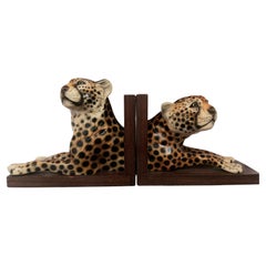Large Bookends Spectacular Ceramic or Porcelain in the shape of a leopard 50s