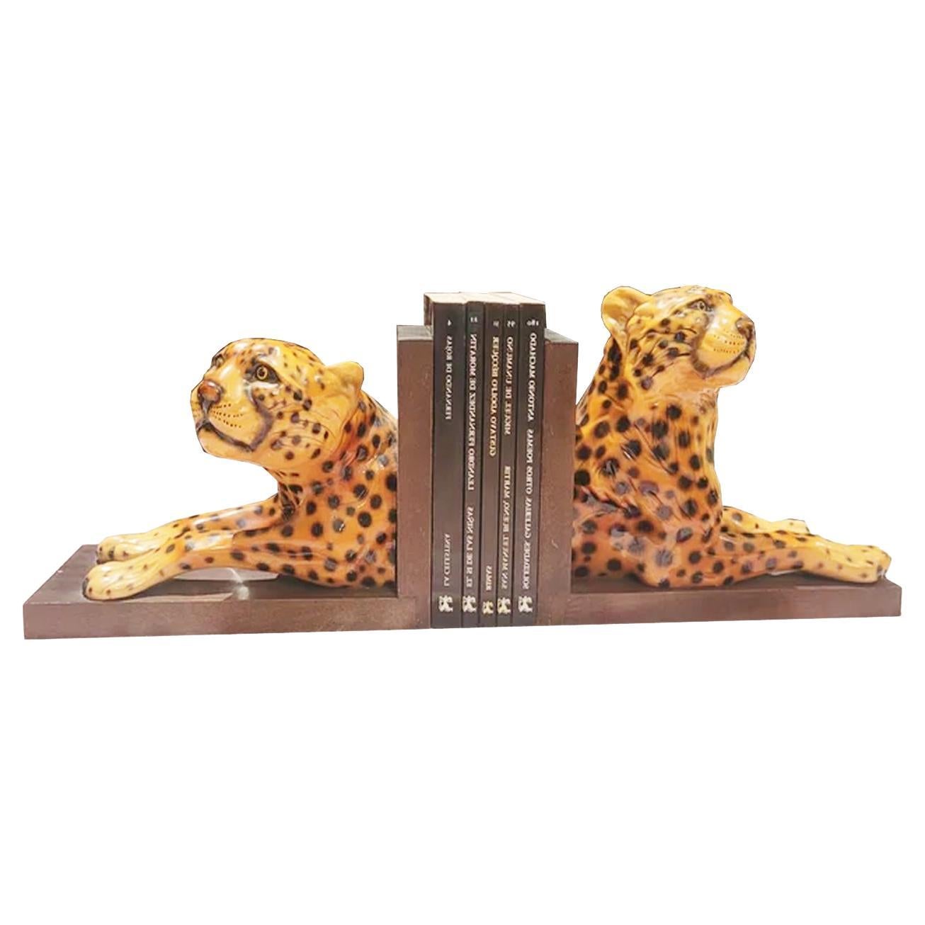 Large Bookends Spectacular Ceramic or Porcelain in the shape of a leopard 50s