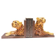 Large Bookends Spectacular Ceramic or Porcelain in the shape of a leopard 50s