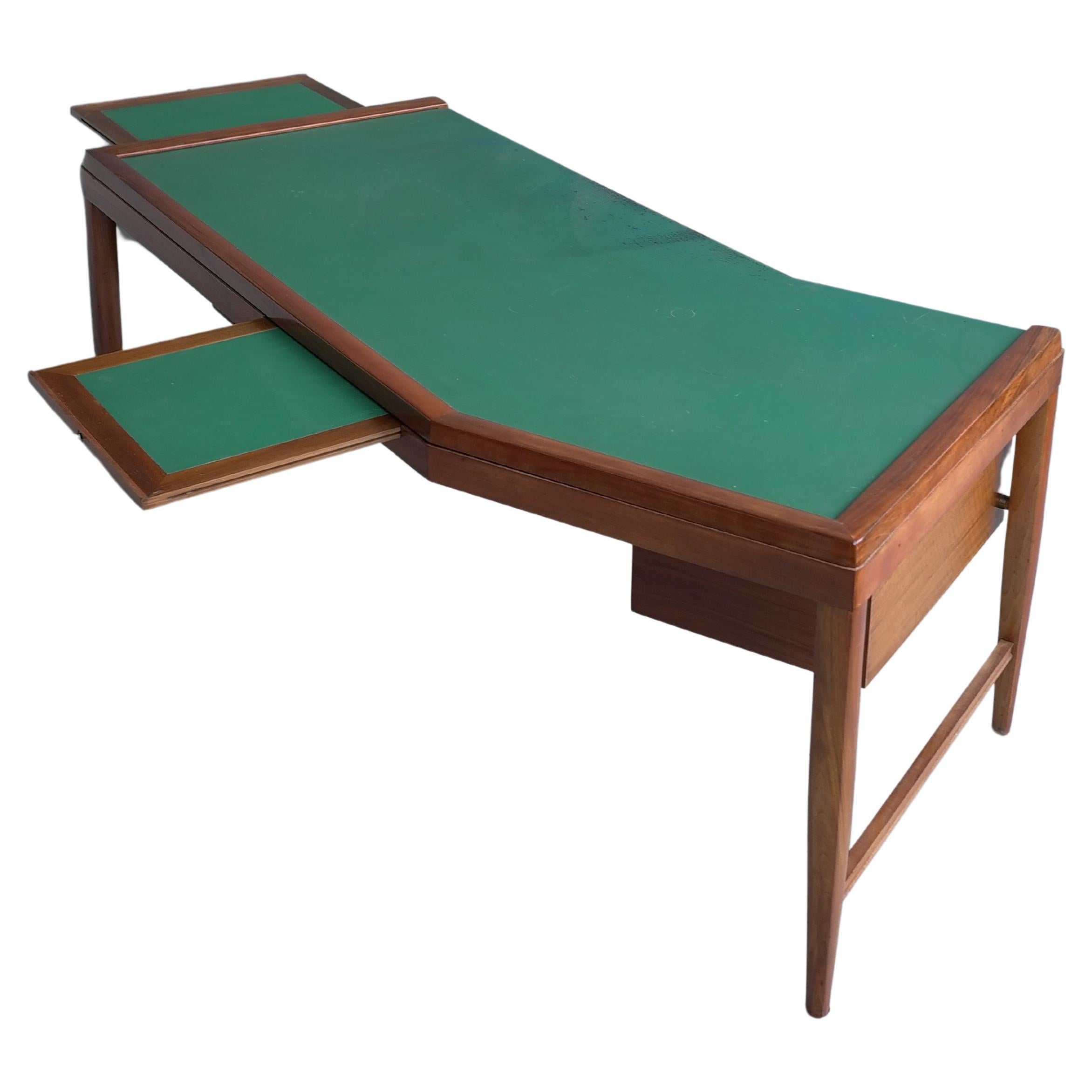 Mid-Century Modern Large Boomerang shaped Walnut Desk with Green Leather patinated top Italy 1950’s For Sale