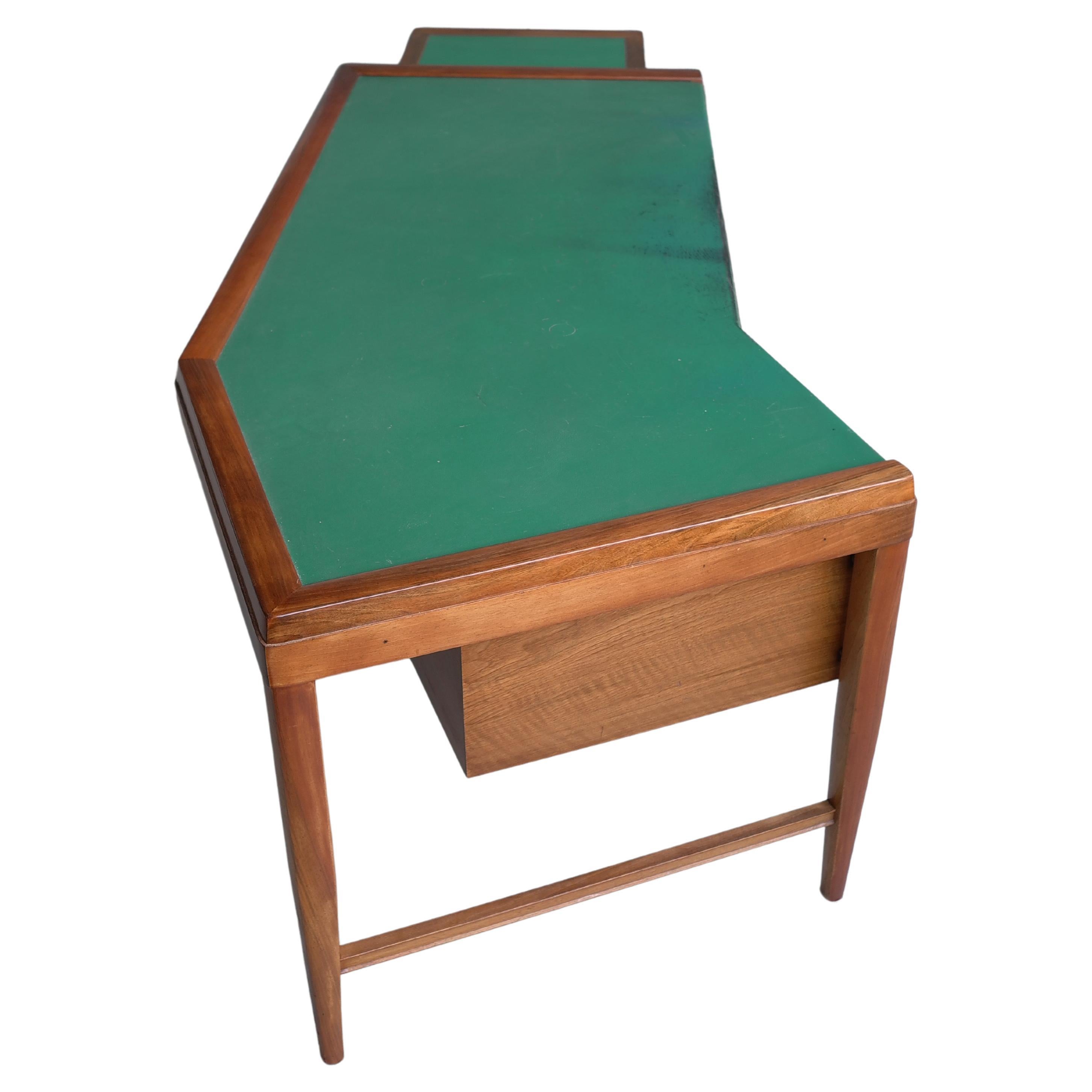 Italian Large Boomerang shaped Walnut Desk with Green Leather patinated top Italy 1950’s For Sale