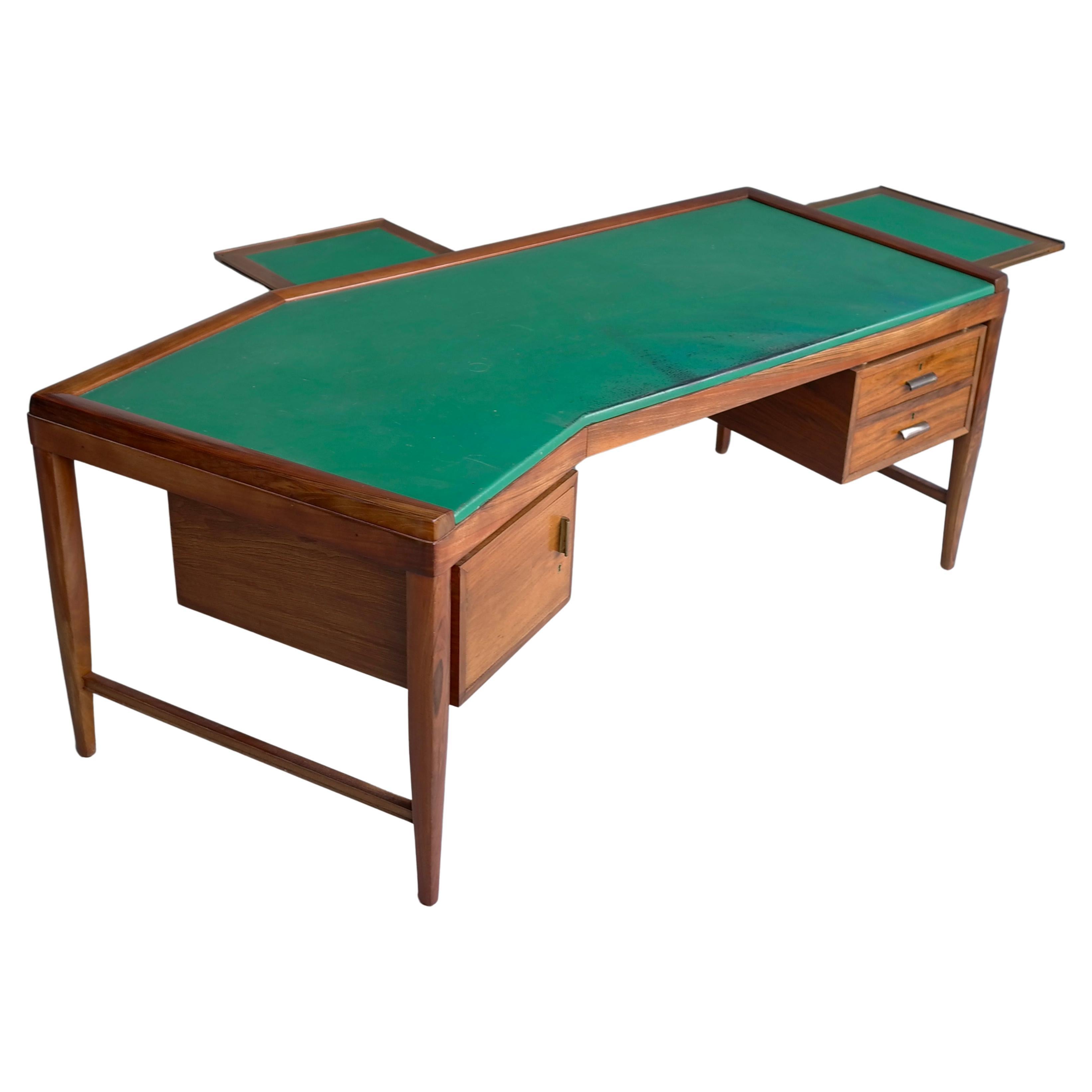 Large Boomerang shaped Walnut Desk with Green Leather patinated top Italy 1950’s For Sale