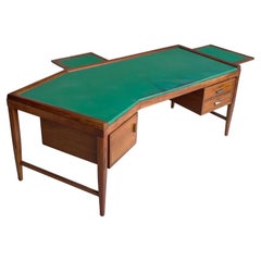 Used Large Boomerang shaped Walnut Desk with Green Leather patinated top Italy 1950’s