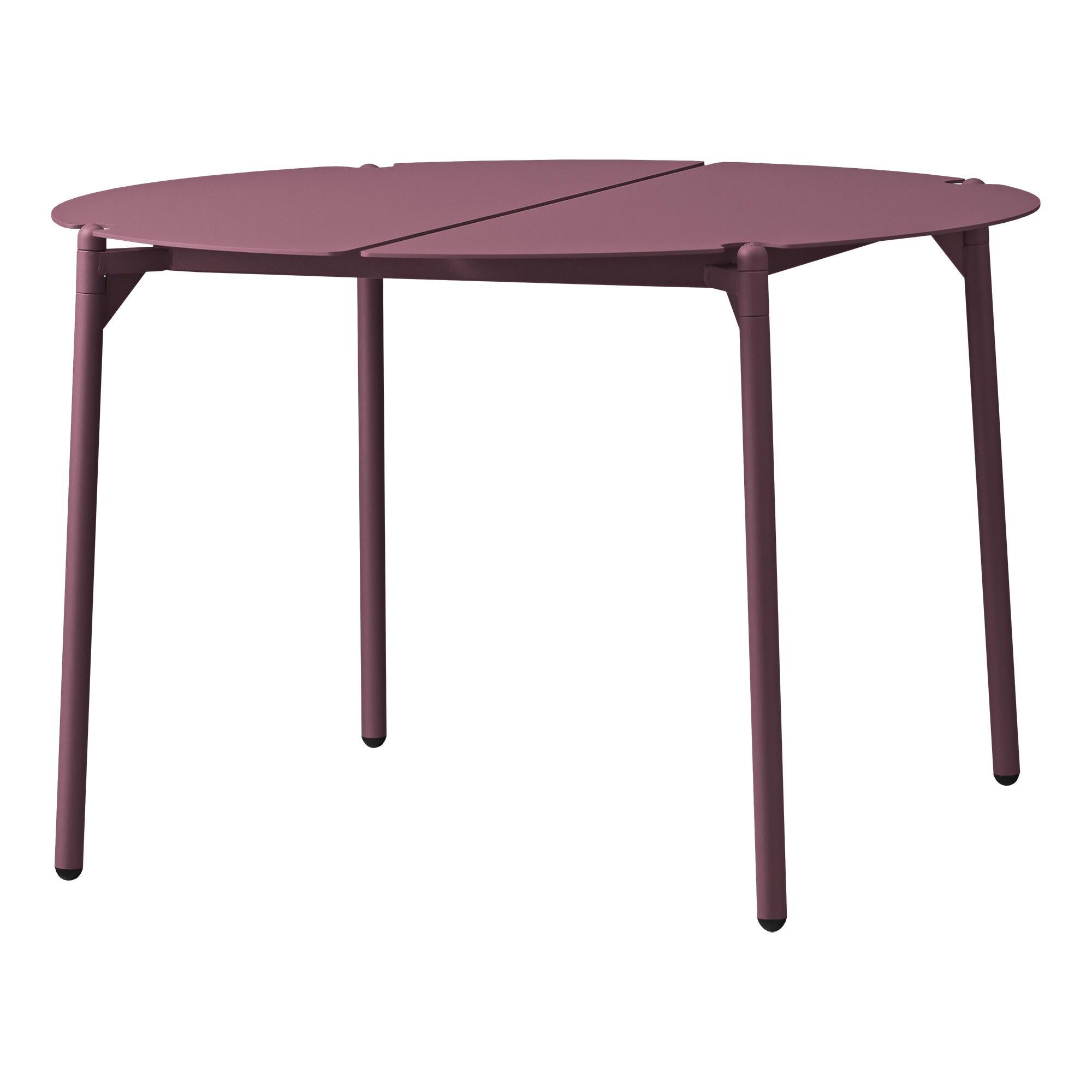 Large Bordeaux Minimalist lounge table
Dimensions: Diameter 70 x Height 45 cm 
Materials: Steel w. Matte powder coating & aluminum w. Matte powder coating.
Available in colors: Taupe, bordeaux, forest, ginger bread, black and, black and