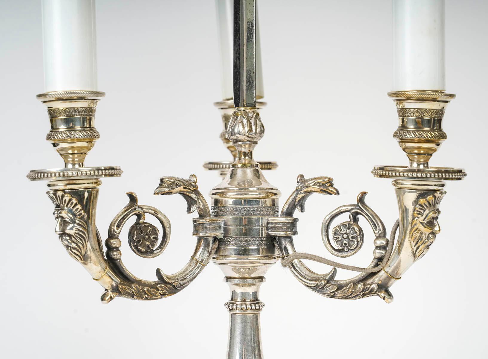 French Large Bouillotte Lamp in Silver Plated Bronze, 19th Century, Napoleon III Period For Sale
