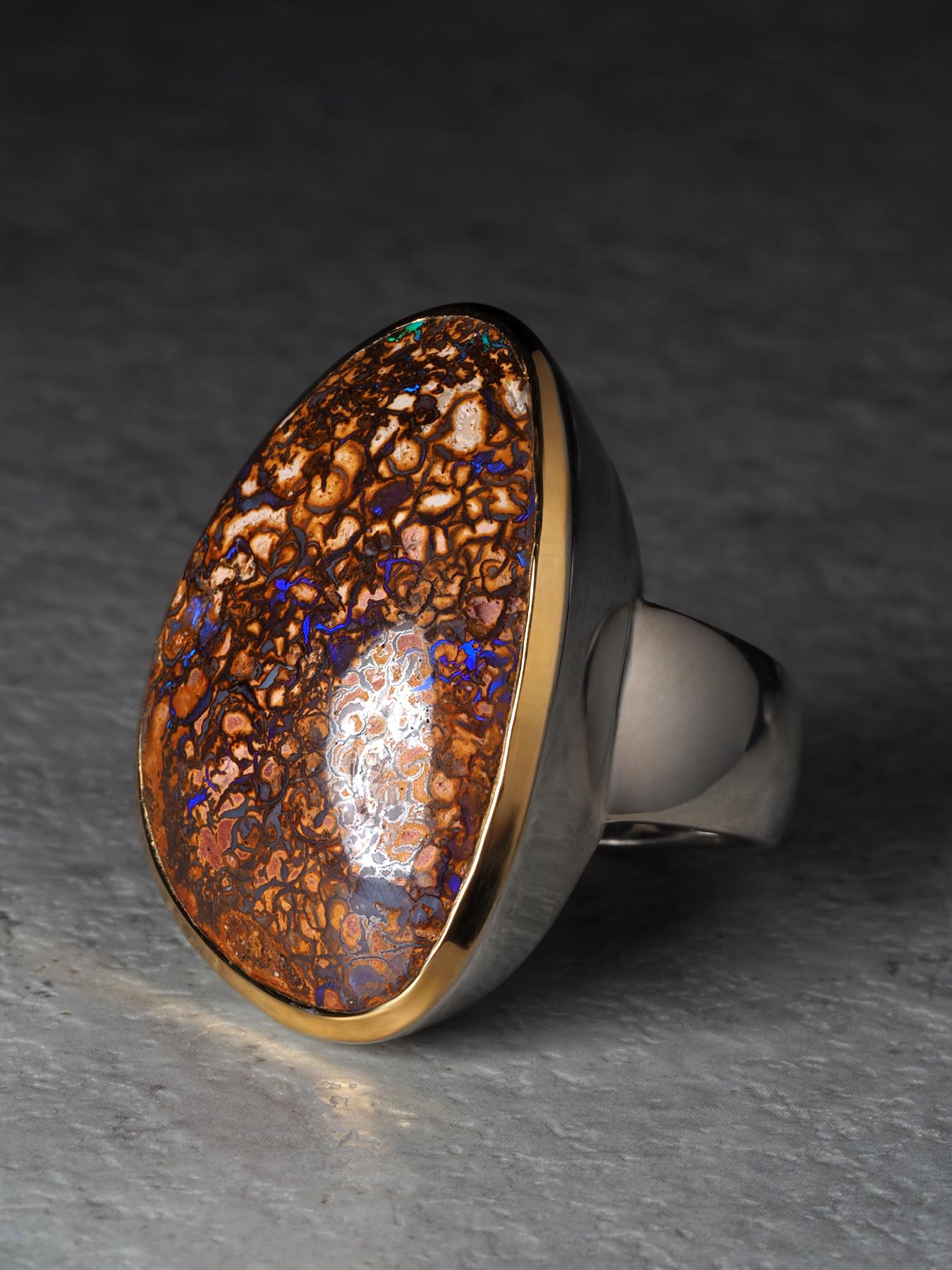 Anillo grande de plata con ópalo Koroit de Boulder Regalo de aniversario con ópalo 9ct Artesano en venta