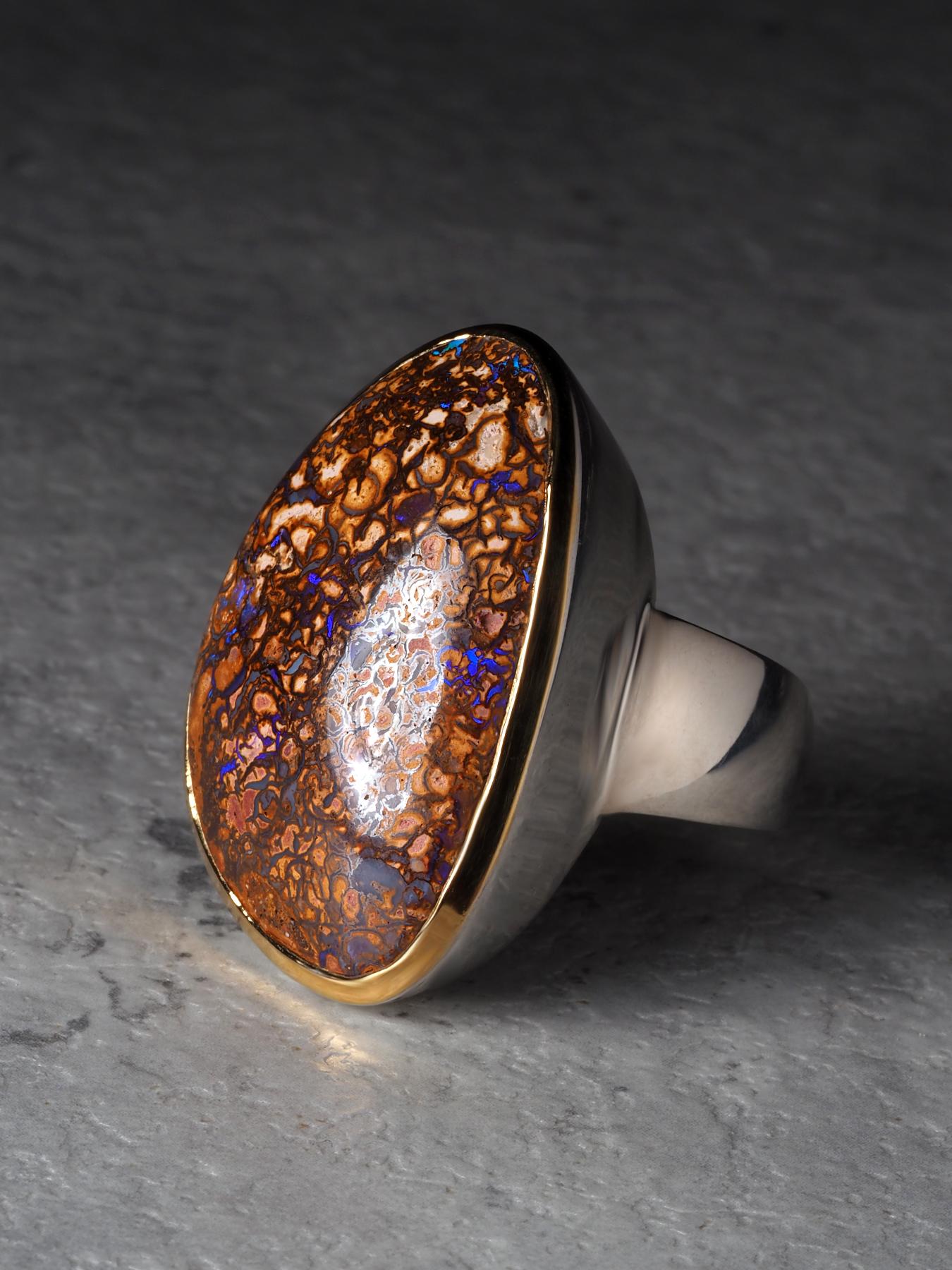 Anillo grande de plata con ópalo Koroit de Boulder Regalo de aniversario con ópalo 9ct en venta 1