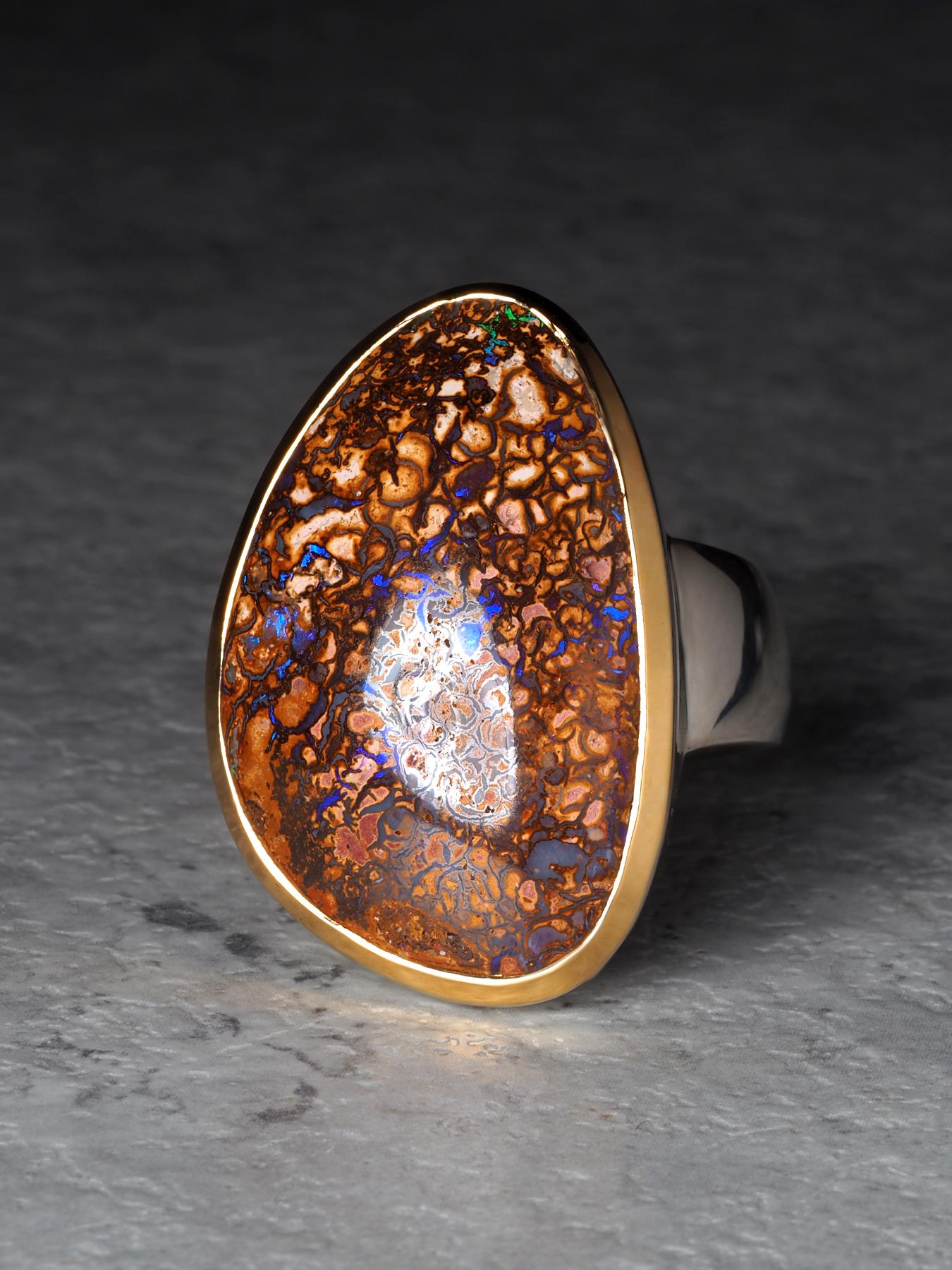 Anillo grande de plata con ópalo Koroit de Boulder Regalo de aniversario con ópalo 9ct en venta 2