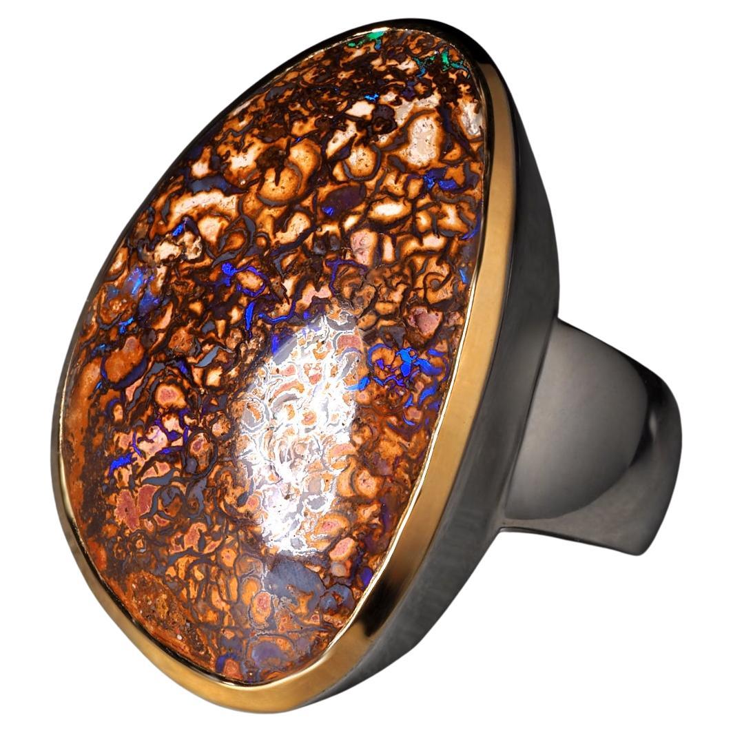 Anillo grande de plata con ópalo Koroit de Boulder Regalo de aniversario con ópalo 9ct