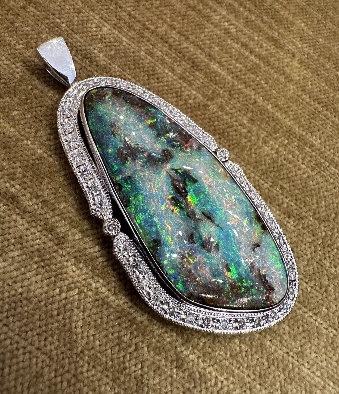 Round Cut Large Boulder Opal and Diamond Pendant Necklace in Platinum For Sale