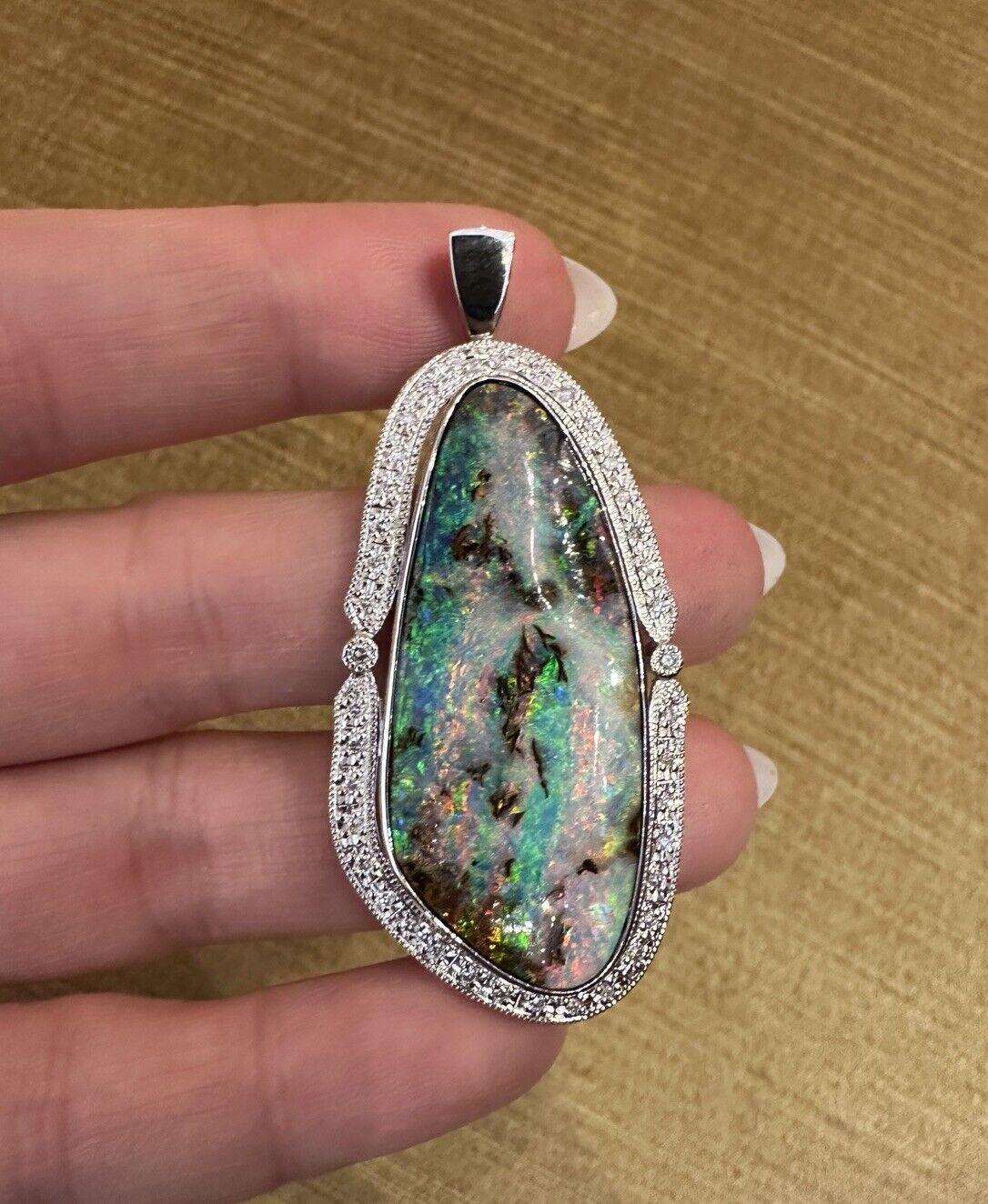 Large Boulder Opal and Diamond Pendant Necklace in Platinum In Excellent Condition For Sale In La Jolla, CA
