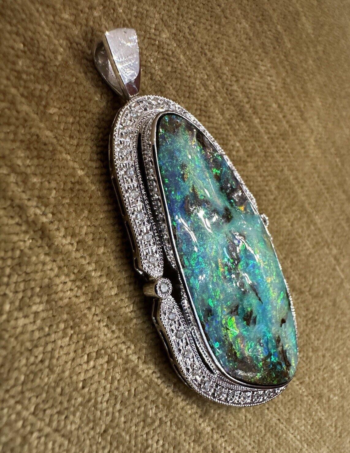Women's or Men's Large Boulder Opal and Diamond Pendant Necklace in Platinum For Sale