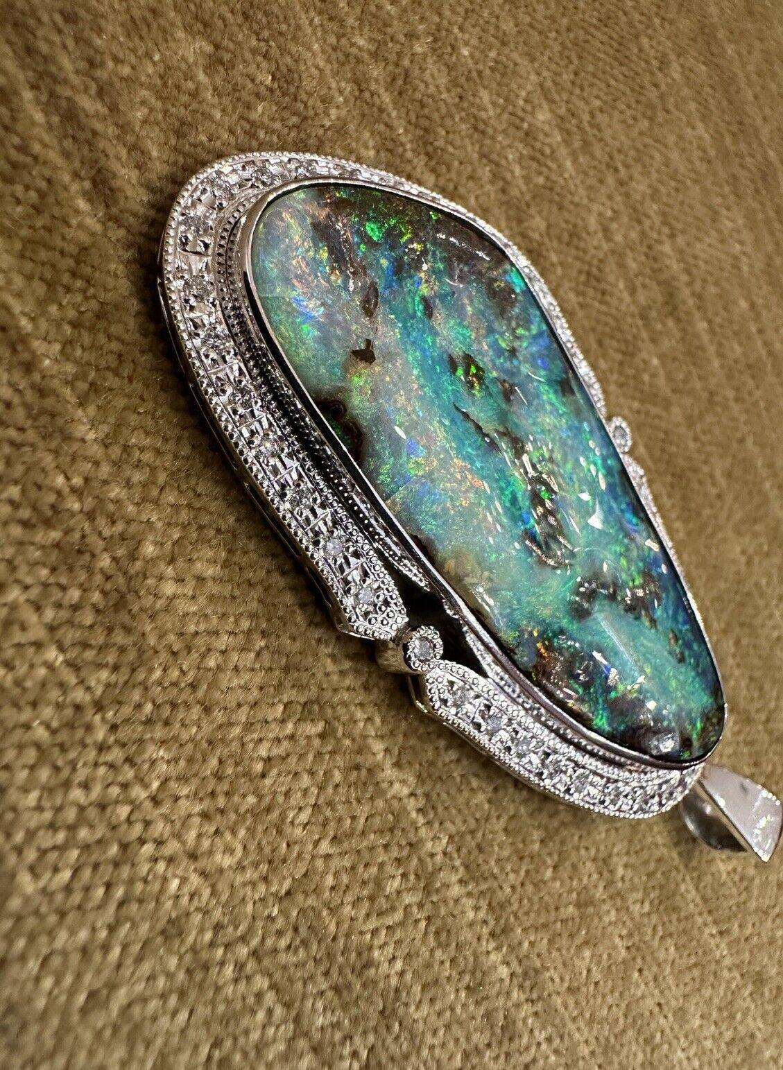 Large Boulder Opal and Diamond Pendant Necklace in Platinum For Sale 1